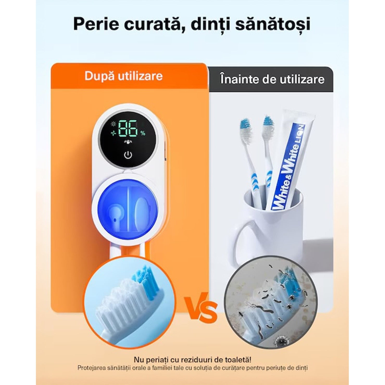 Sterilizator UV Portabil pentru 2 Periute de Dinti BeGenius ®, Suport Periute Dinti Inteligent cu Functie de Uscare, Senzor – imaginea 2
