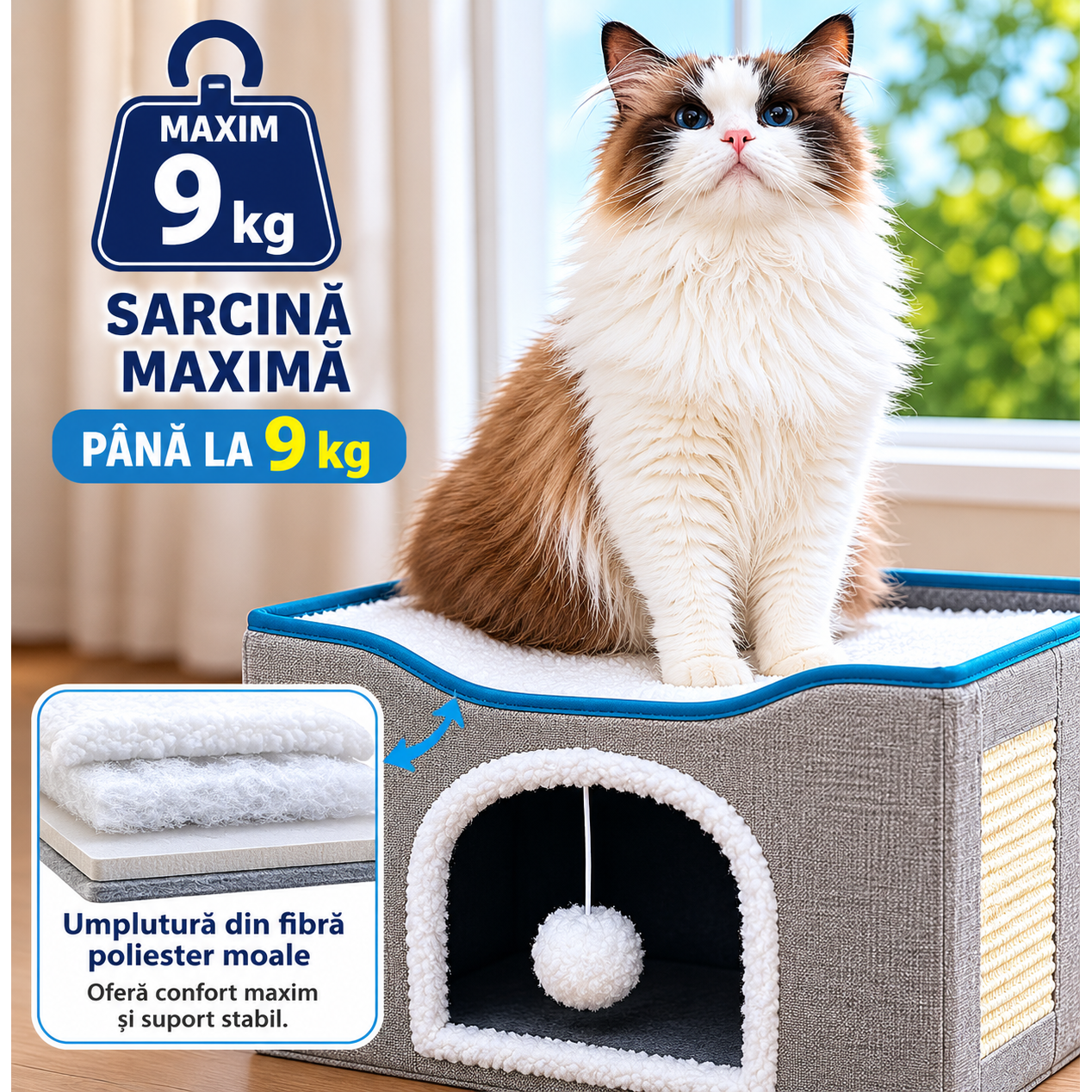 Casa pentru pisici NextWave® cu doua zone, bila pufoasa si zona de zgariat, Pliabila, Moale si pufoasa, Respirabila, Usoara – imaginea 2