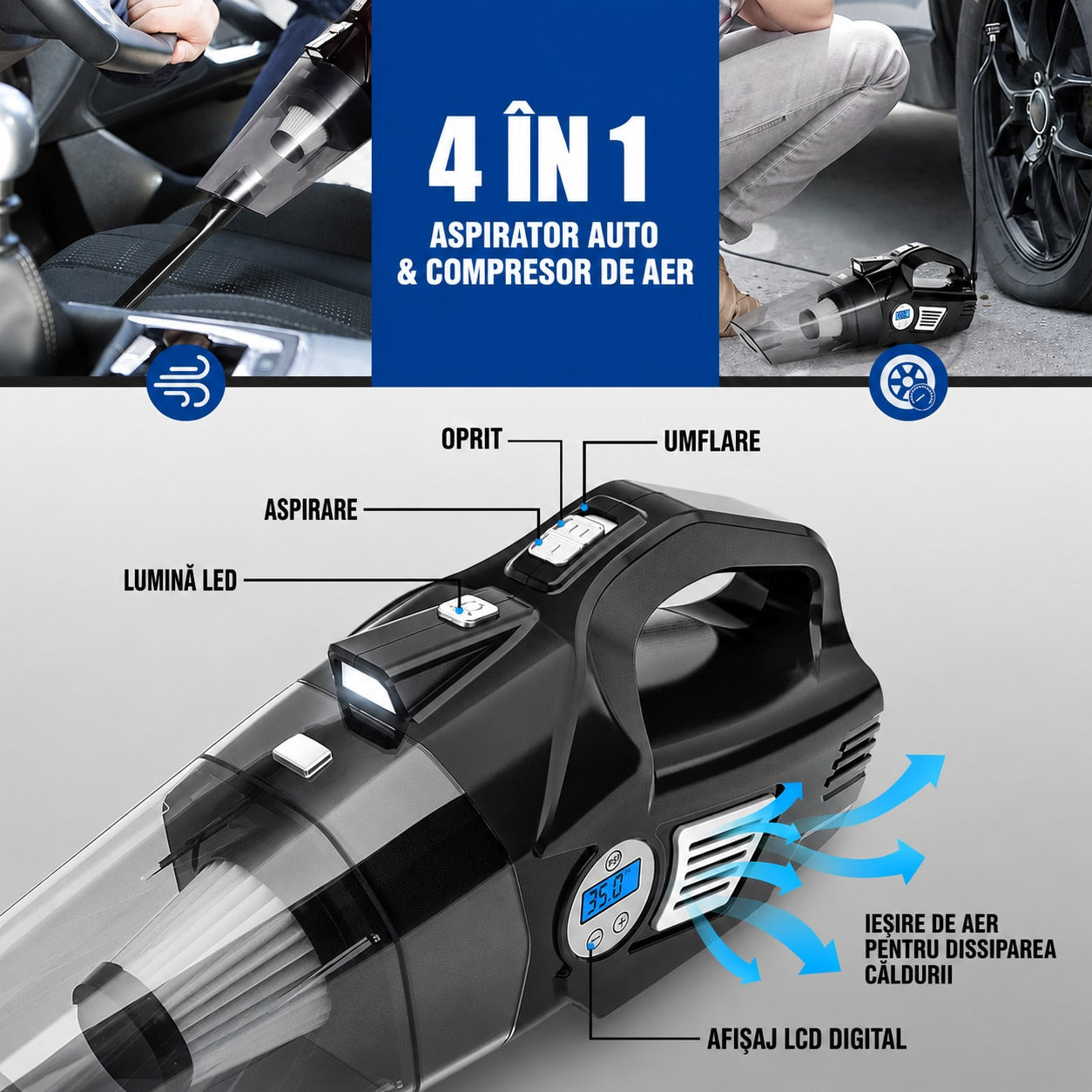 Aspirator Auto Multifunctional NextWave si Compresor Portabil cu Fir, Aspirare Rapida, Umflare Anvelope cu Afisaj pentru – imaginea 2