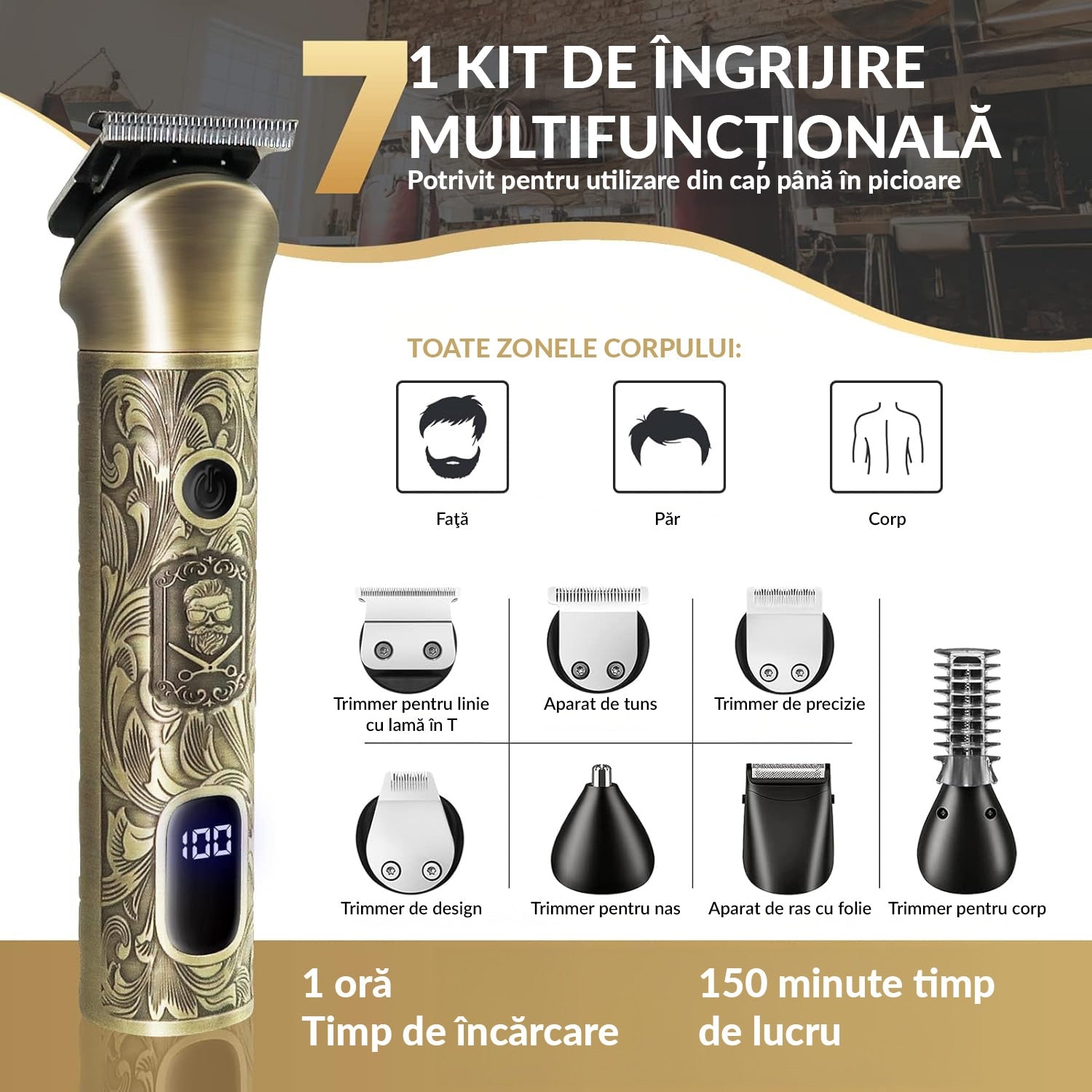 Masina de tuns si Aparat de ras BeGenius®, Multifunctionala 7 in 1, Lame Inox, Corp Metal, Profesional, Barba, Cap – imaginea 2