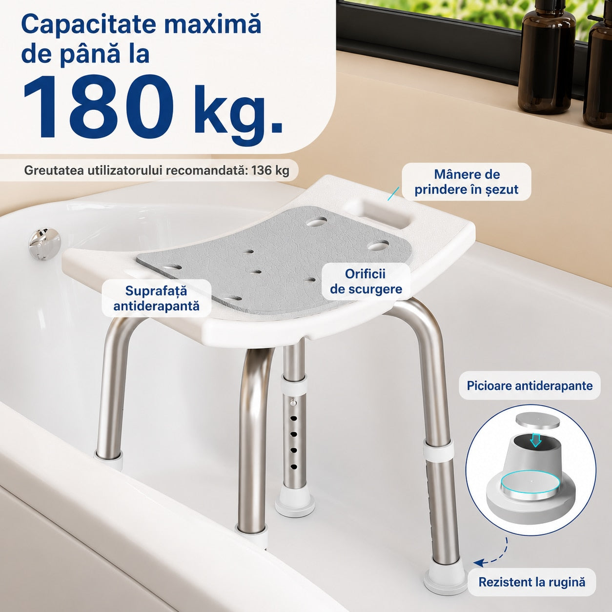 Scaun de dus NextWave® pentru baie si cada, reglabil pe inaltime, cadru rezistent din aluminiu, sezut confortabil, picioare – imaginea 2
