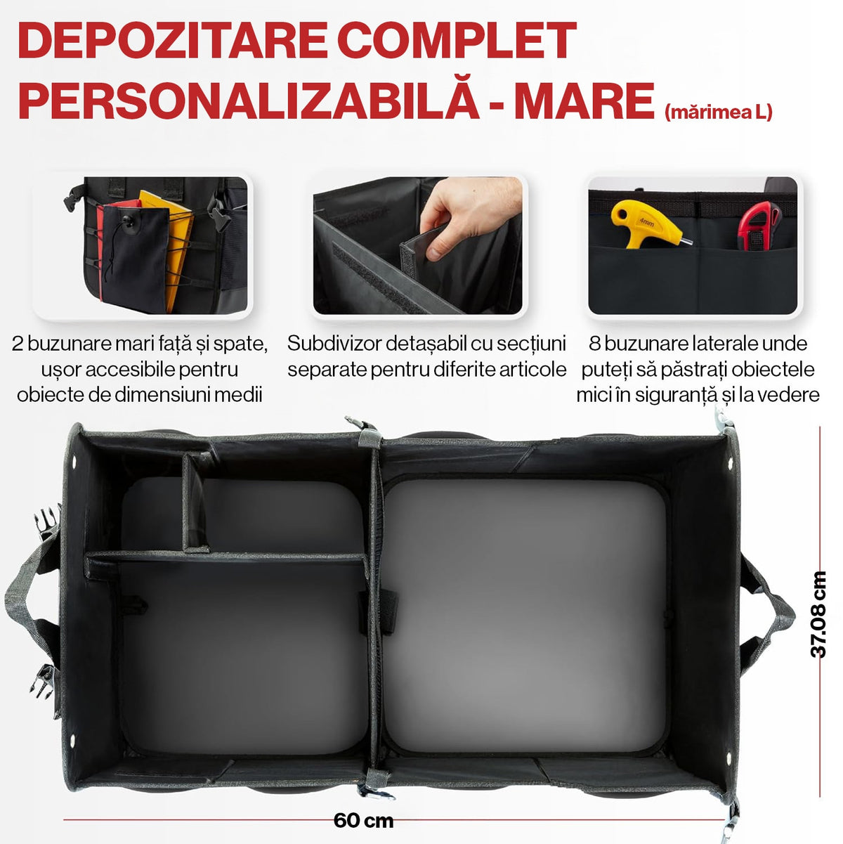 Organizator portbagaj auto pliabil NextWave®️ L, compartimentare personalizabila cu subdivizor detasabil, 2 buzunare mari – imaginea 2