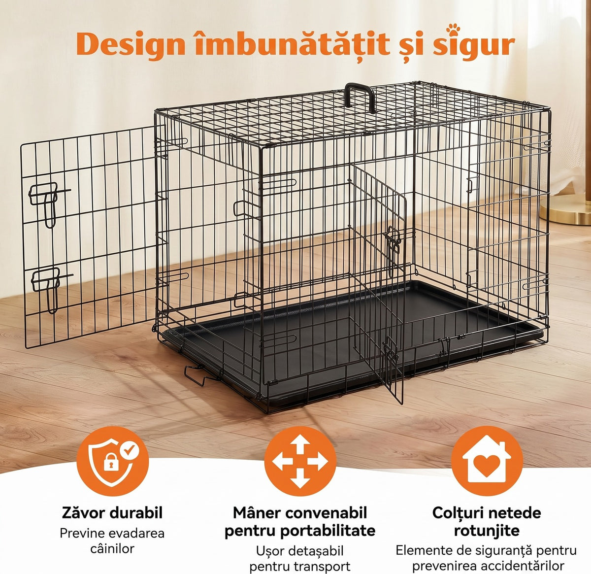 Cușcă pliabilă pentru câini NextWave®️, 2 uși cu zăvoare glisante sigure, panou despărțitor inclus, tăviță etanșă – imaginea 2