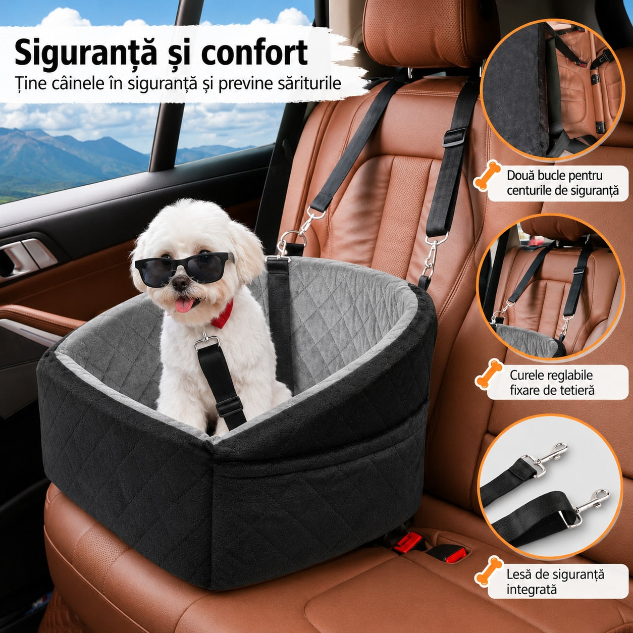 Scaun auto NextWave® pentru caini, detasabil si lavabil, pentru animale de pana la 13,6 kg, cu lesa de siguranta, curele – imaginea 3