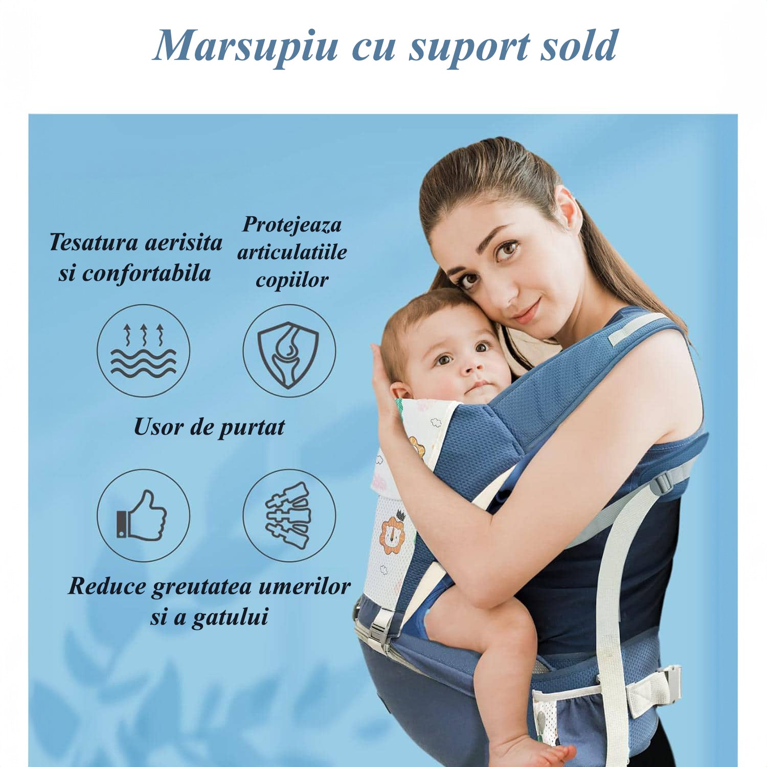 Marsupiu Ergonomic pentru bebe, Multifunctional 2 in 1 ajustabil si detasabil, support sezut si lombar, 0-36l luni, all – imaginea 3