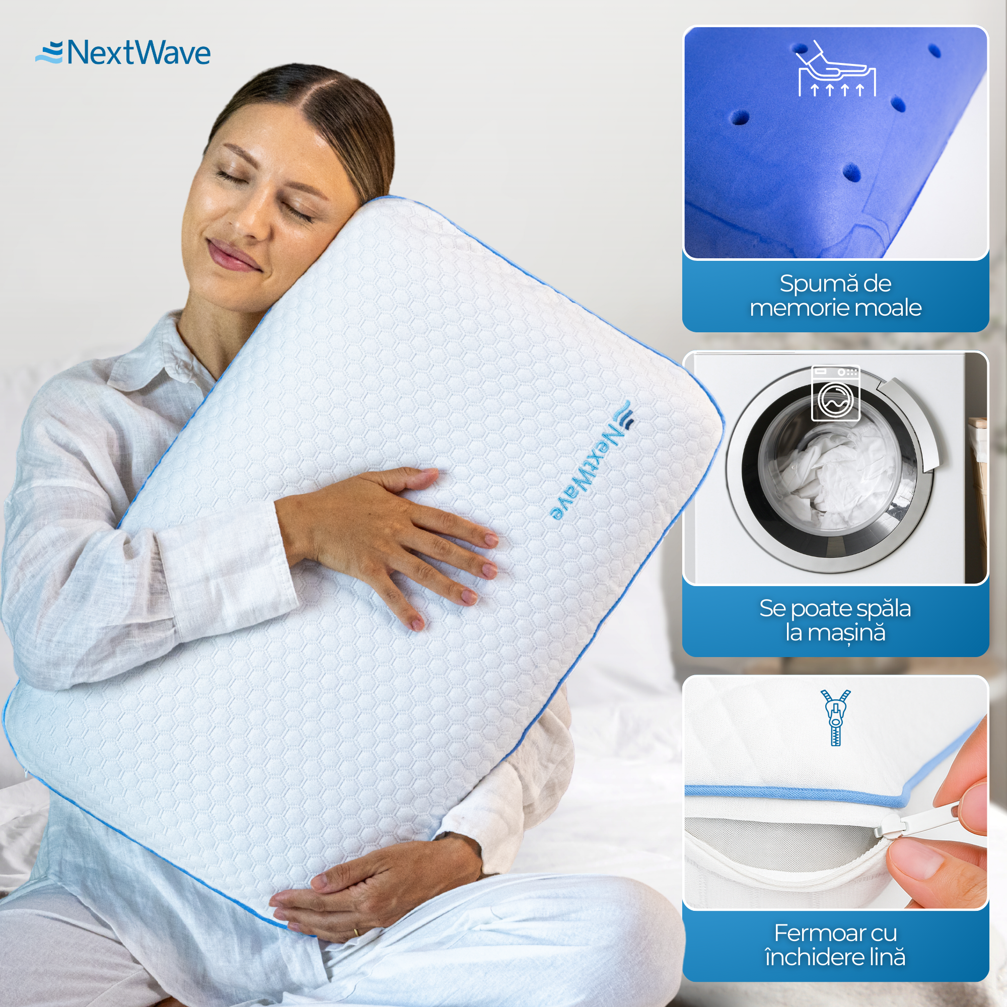Perna ortopedica pentru dormit NextWave, Spuma cu Memorie cu gel ventilata, Husa detasabila cu 2 zone termice, ergonomica – imaginea 3