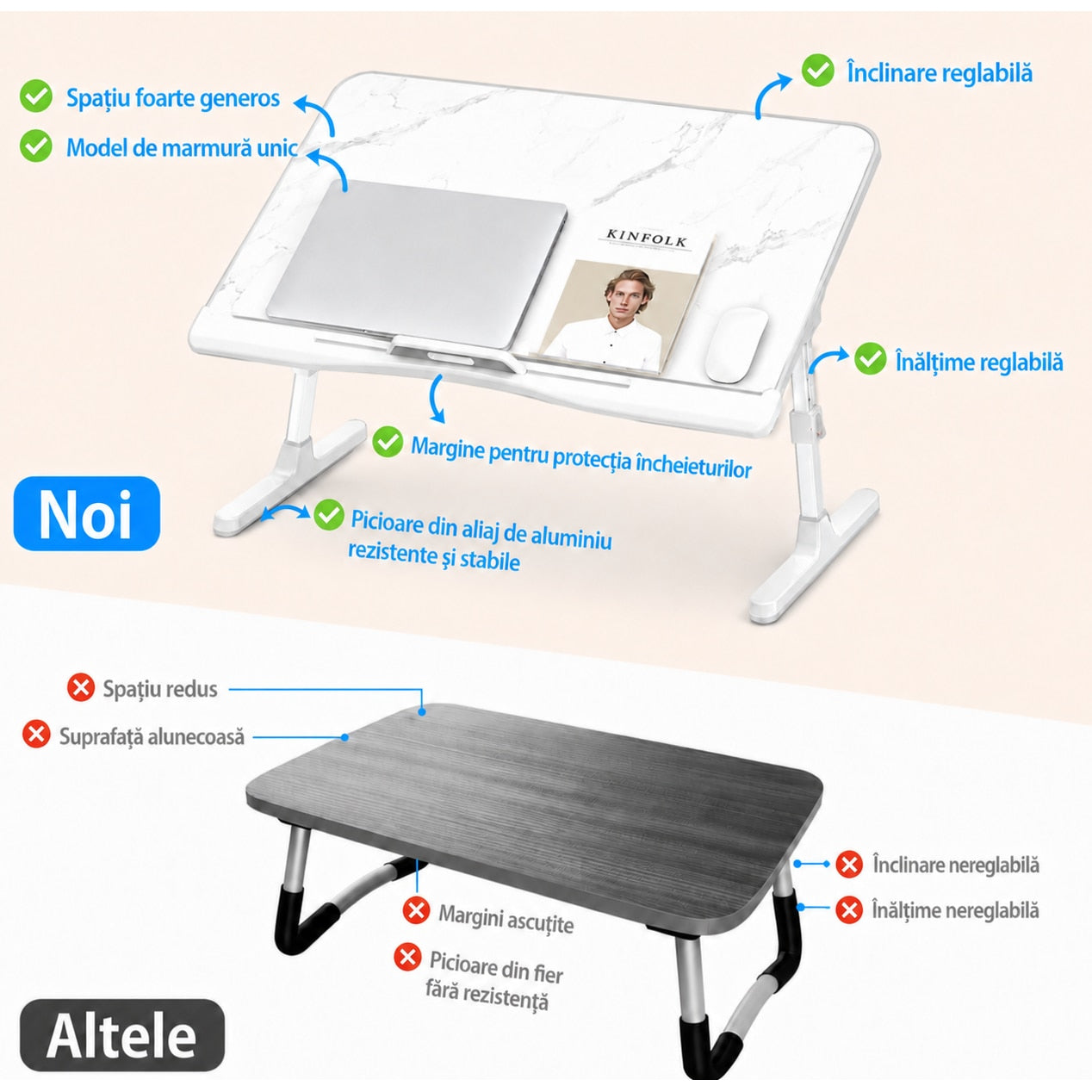 Masa Laptop Pliabila NextWave®, Suport Reglabil pentru Pat si Canapea, Inaltime si Inclinare Ajustabila, Picioare Pliabile – imaginea 3