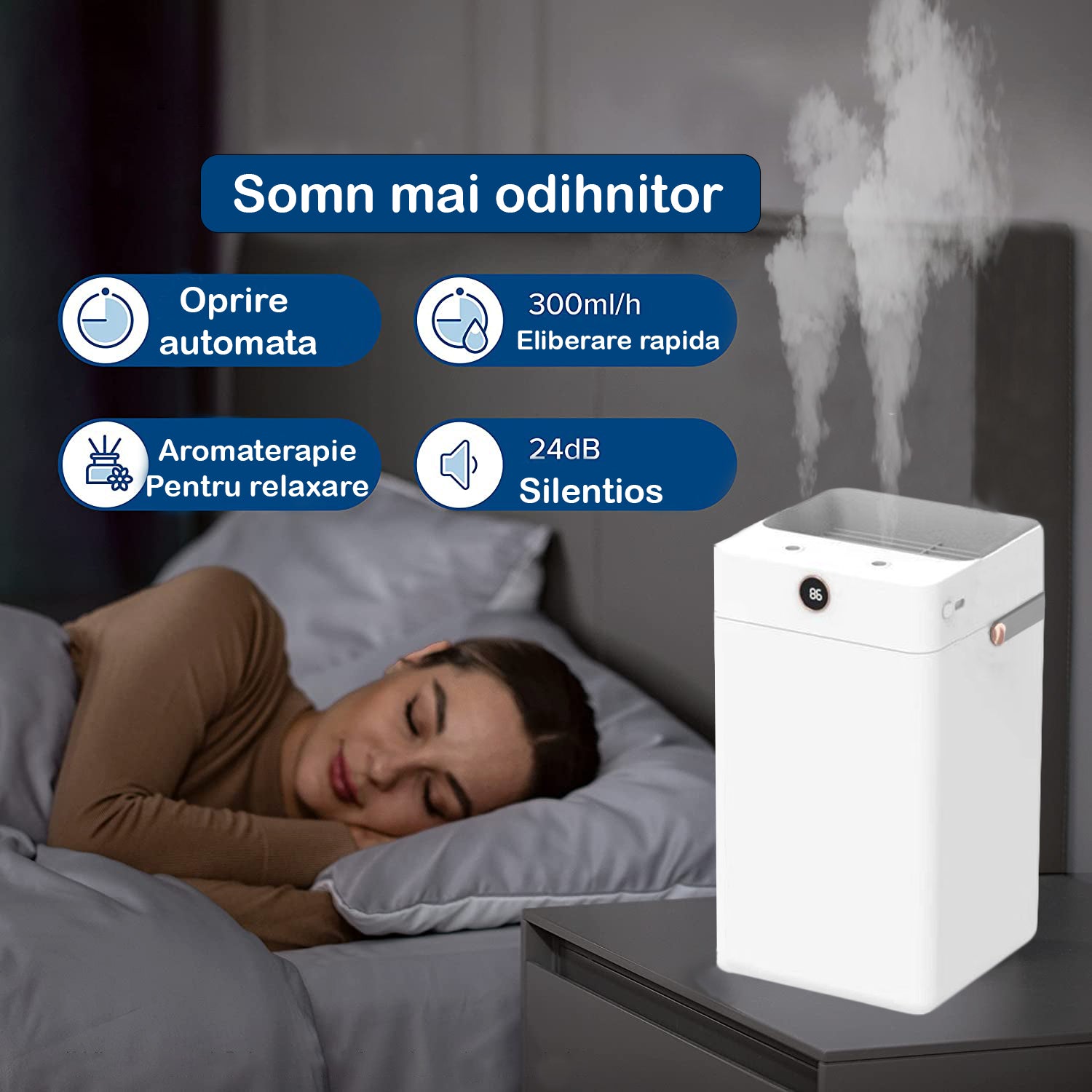 Umidificator de aer Ultrasonic NextWave® cu 2 Difuzoare aromaterapie, rezervor 3L, display umiditate, pentru Casa si Birou – imaginea 3