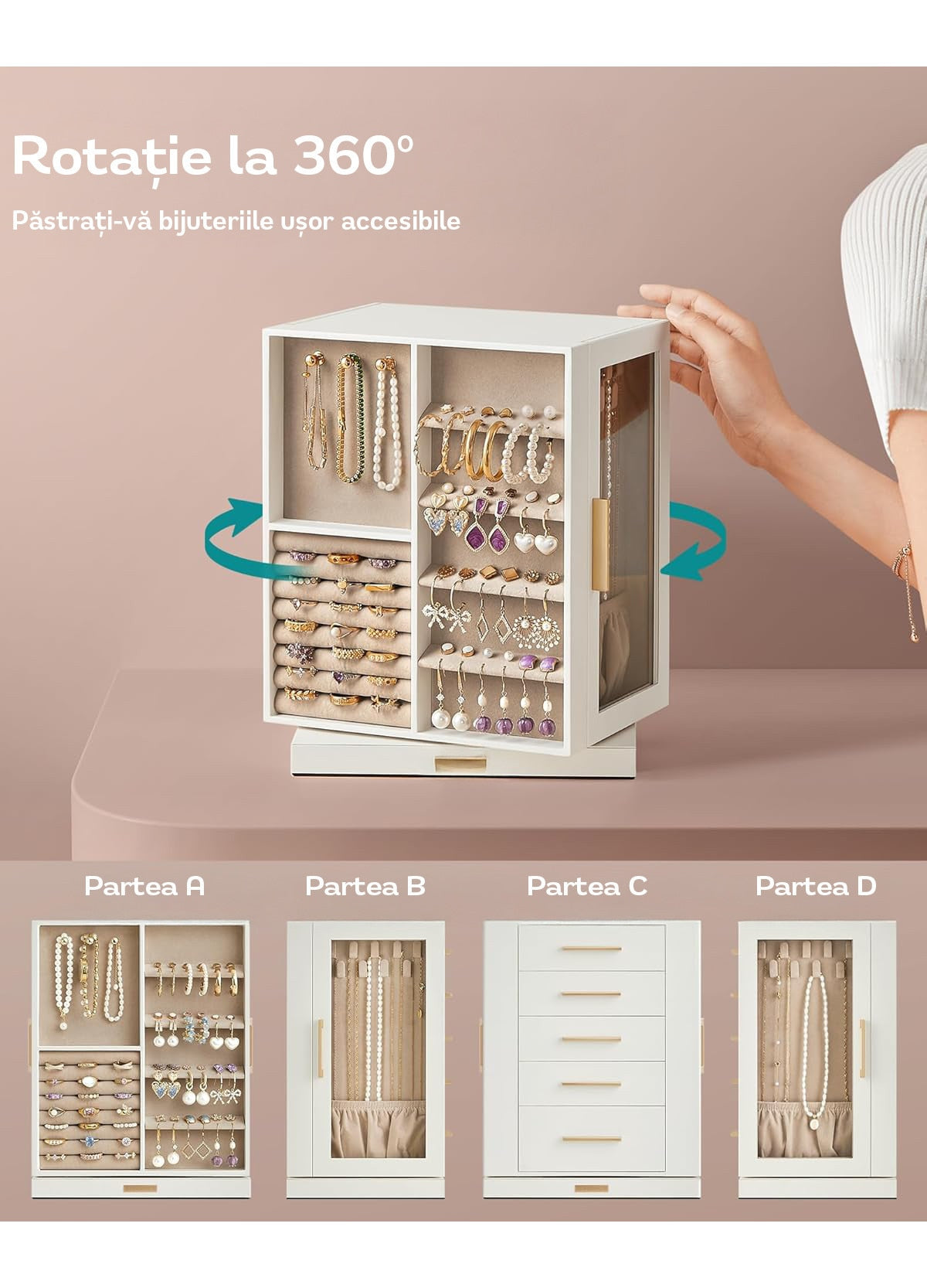NextWave® Cutie de bijuterii verticala rotativa 360° cu 5 sertare, 18 carlige pentru coliere, compartimente pentru inele si – imaginea 3