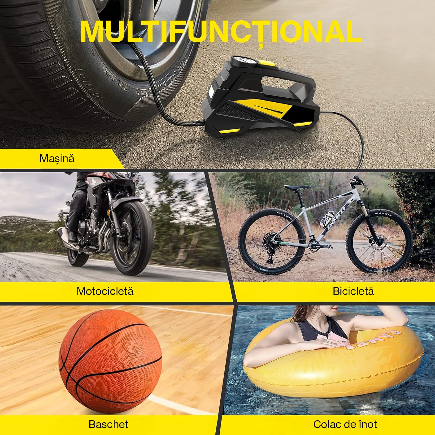 Compresor auto portabil NextWave 12V, manometru digital, 150 PSI, galben-negru – imaginea 3