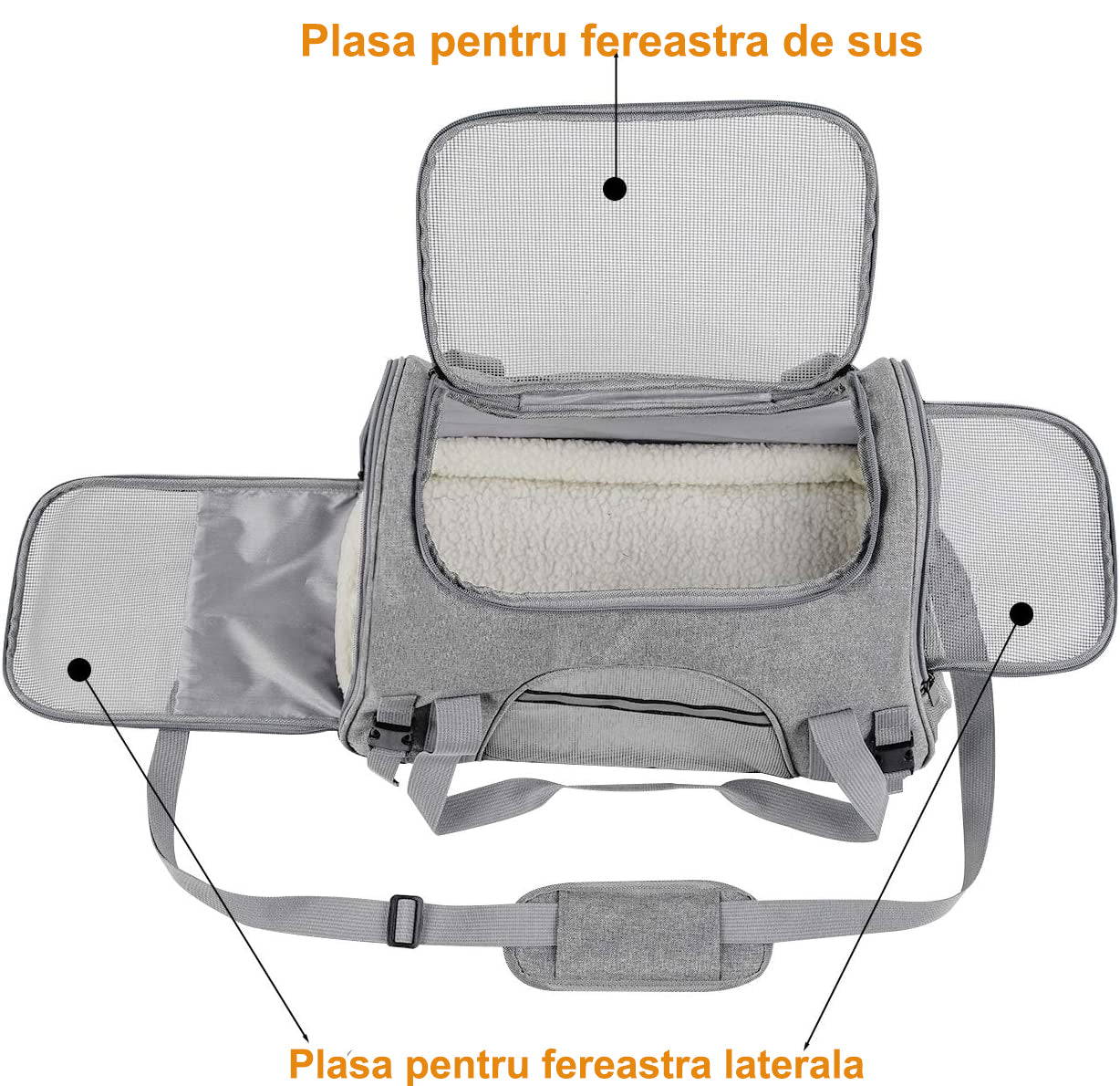 Geanta pentru transport animale mici NextWave®, pisica, caine, iepure, din panza, 44x28x25, baza rezistenta cu covoras, gri – imaginea 3