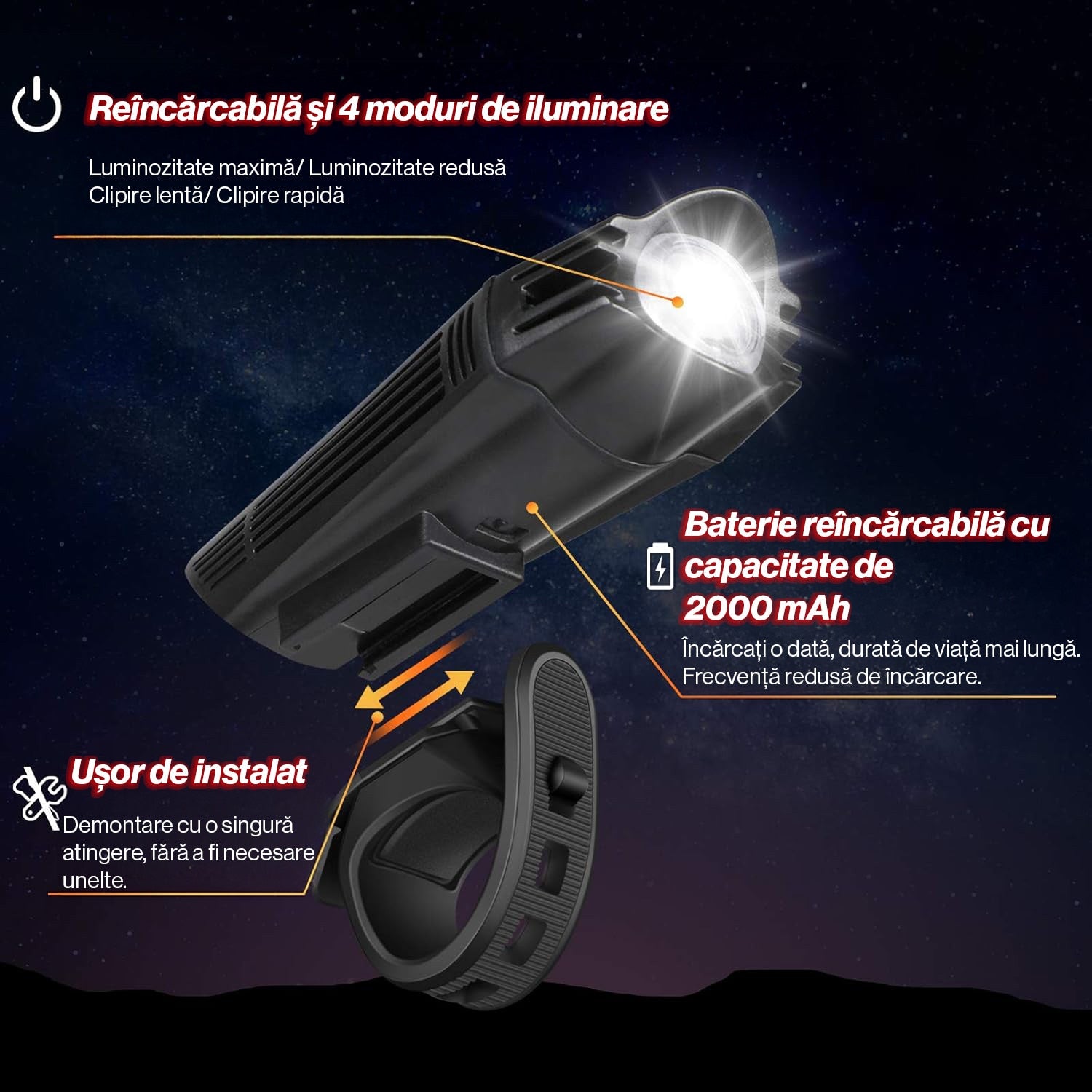Set Lumini Bicicleta, Trotineta Fata Spate BeGenius®, Far si Stop Reincarcabil USB, Far 4 Moduri si Stop cu 4 Moduri de – imaginea 3
