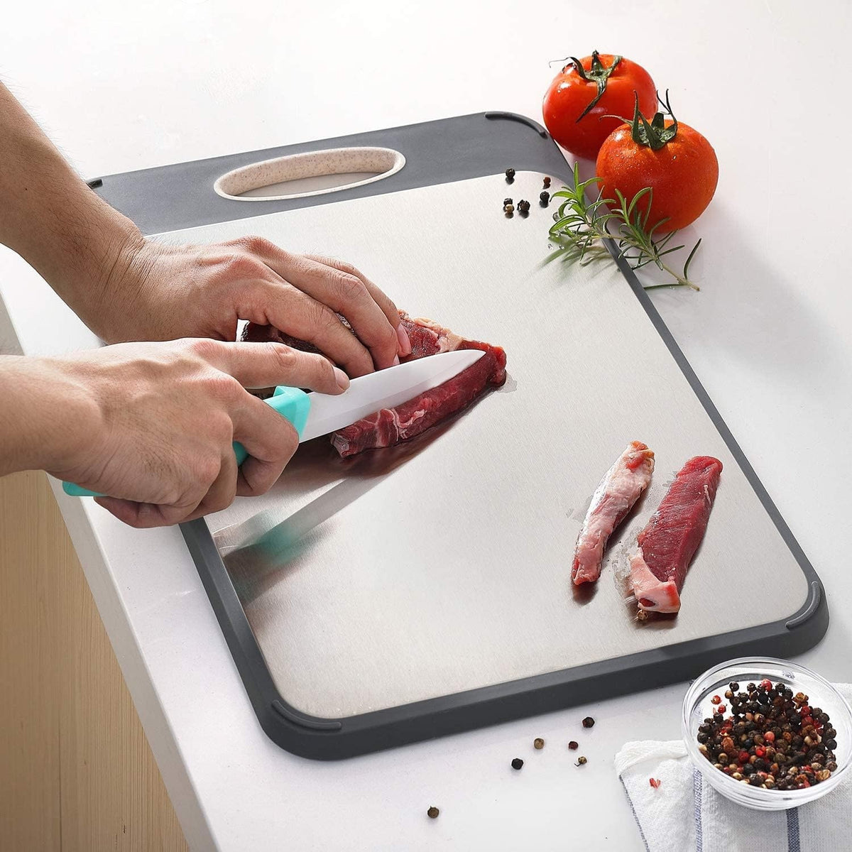 Tocator de bucatarie Dublu fata-verso, Decongelare Rapida, Fata otel inoxidabil 304 pentru carne, verso PP pentru legume – imaginea 3