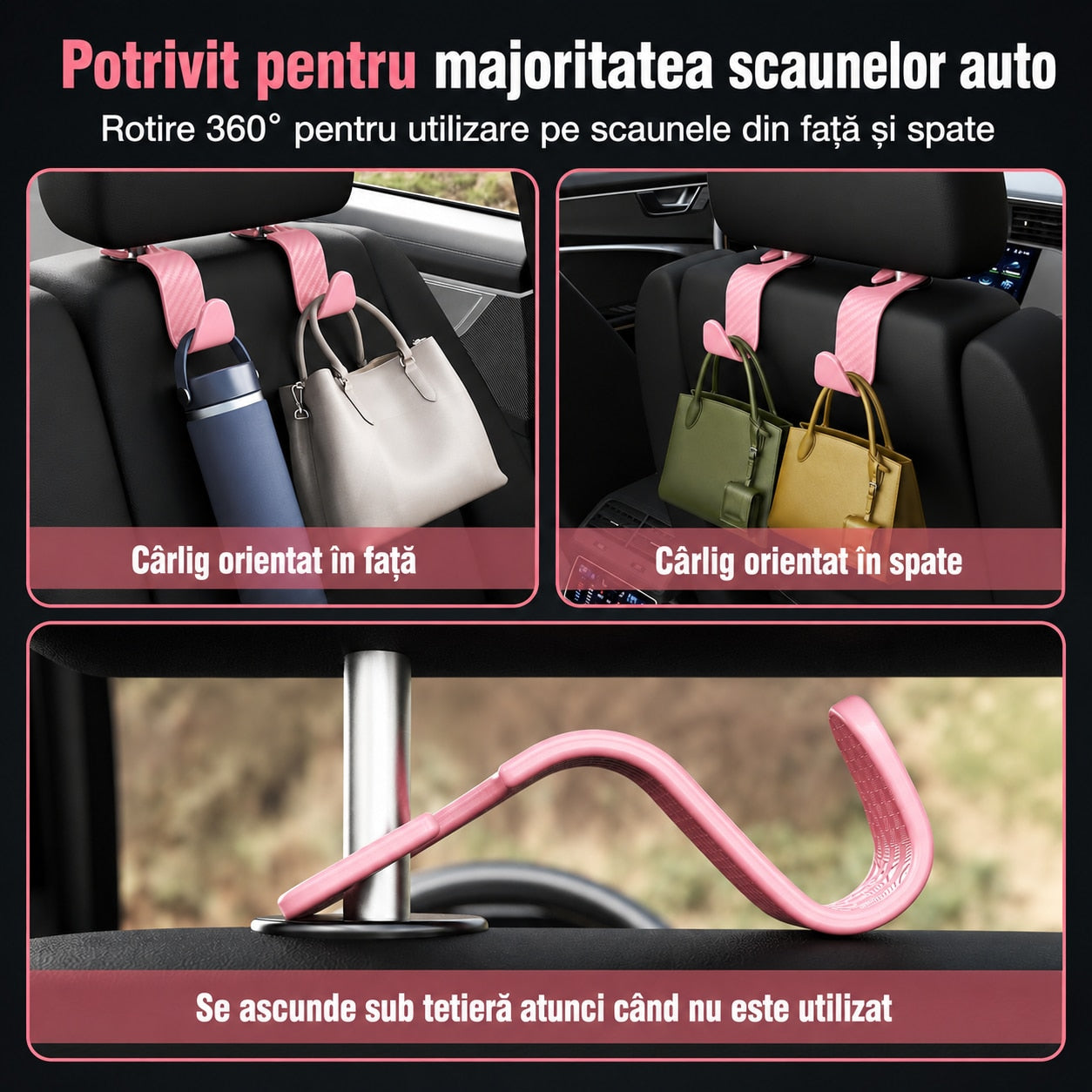 Set 4 Carlige Auto pentru Tetiera NextWave®, Organizator Universal Scaun Masina, Suport pentru Genti, Plase, Posete, Haine – imaginea 3
