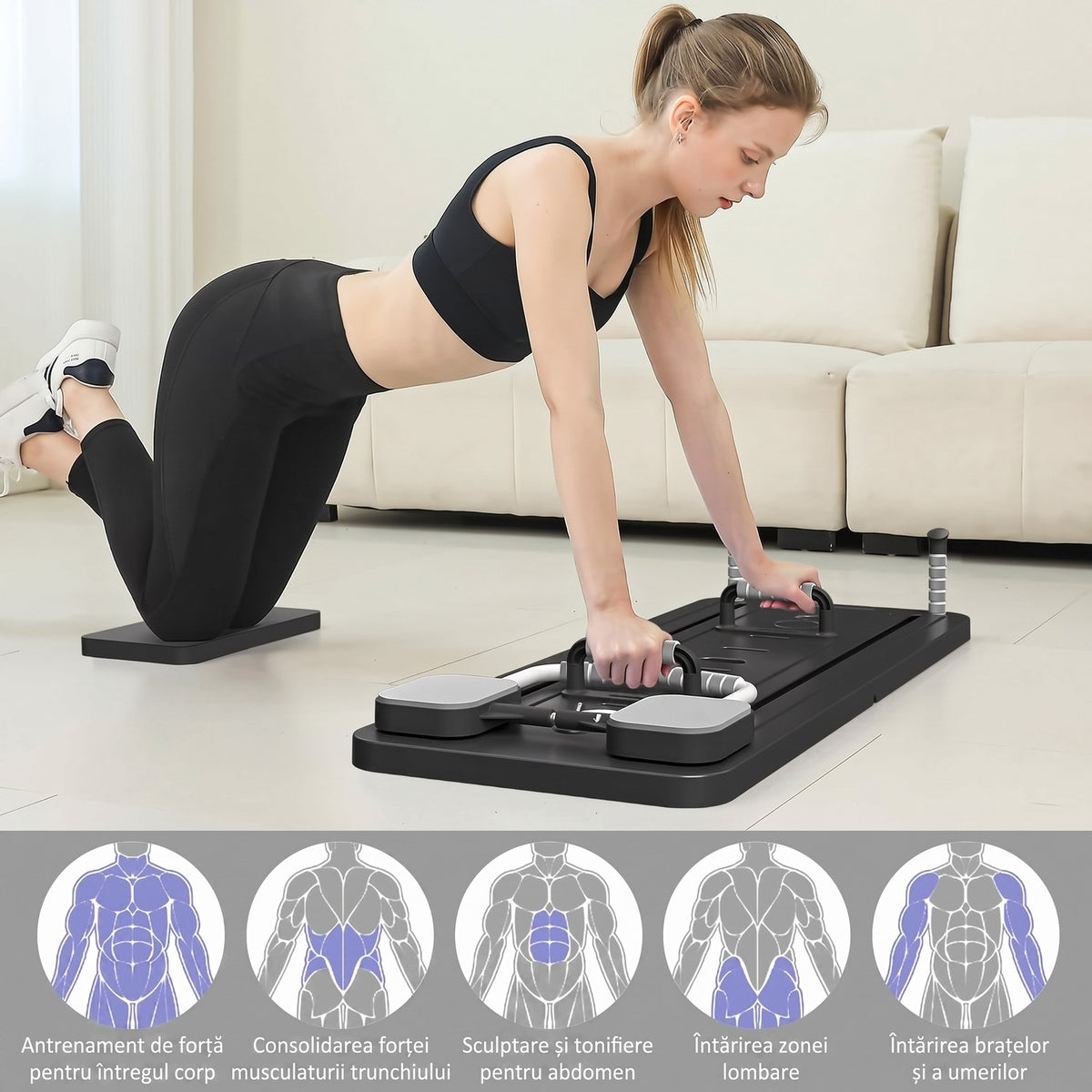 Placă Pilates Reformer 5 în 1 NextWave®️, aparat pliabil pentru antrenament complet și tonifierea corpului acasă, benzi – imaginea 3