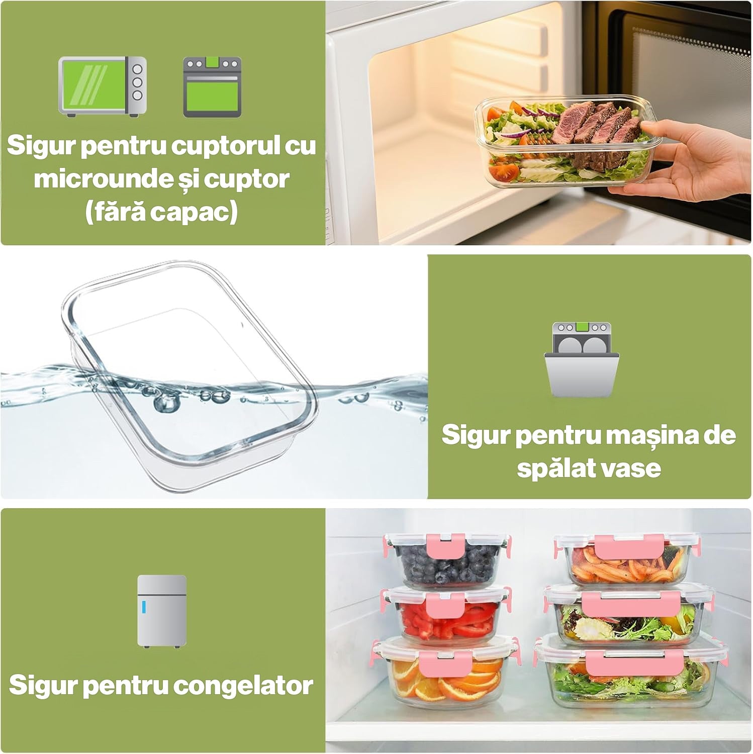 Set 12 Caserole Alimentare din sticla NextWave®️ Capace Etanse, Depozitare Frigider si Congelator, Potrivite pentru – imaginea 3