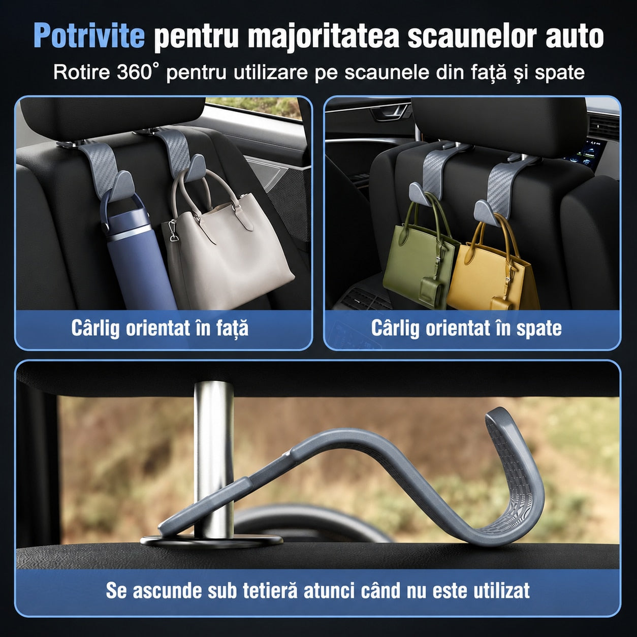 Set 4 Carlige Auto pentru Tetiera NextWave®, Organizator Universal Scaun Masina, Suport pentru Genti, Plase, Posete, Haine – imaginea 3