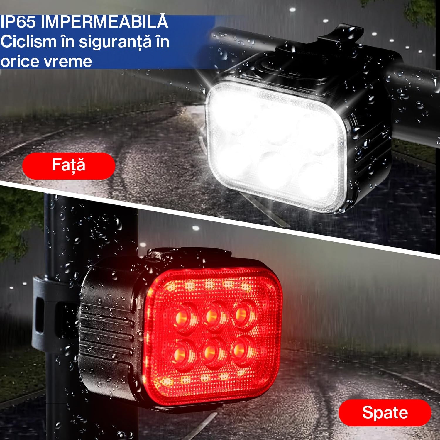 Set lumini bicicleta 25 de LED-uri, far bicicleta fata spate BeGenius®, USB reincarcabil cu acumulator 1100mAh, 4 Moduri de – imaginea 3