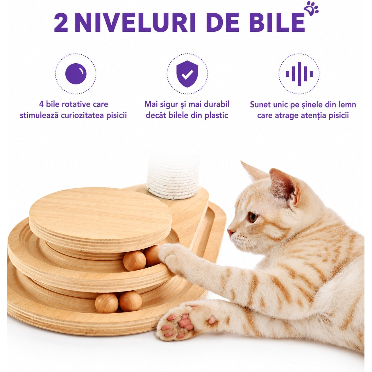 Stalp de zgariat pentru pisici NextWave®, cu sisal natural, baza interactiva stabila din placa pe baza de lemn, 4 mingi – imaginea 3
