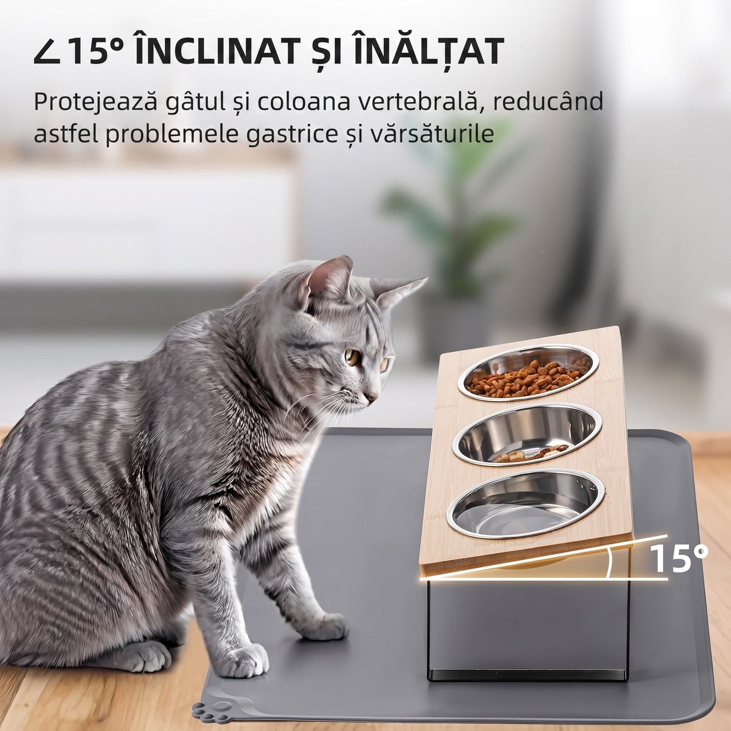 Set 3 boluri inaltate pentru pisici NextWave®️, suport inclinat la 15° anti-voma, 3 recipiente detasabile si covoras – imaginea 3