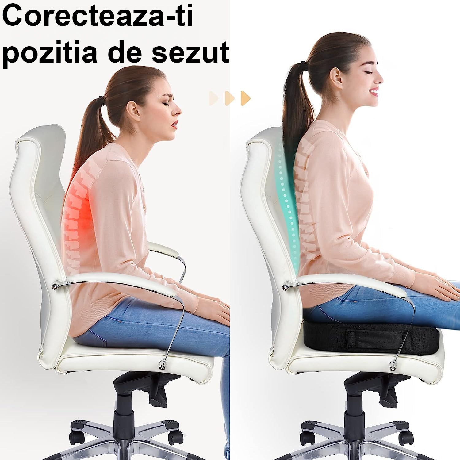 Perna ortopedica sezut NextWave®️, din spuma cu memorie, Coccis, pentru scaun de birou sau masina, husa detasabile – imaginea 3