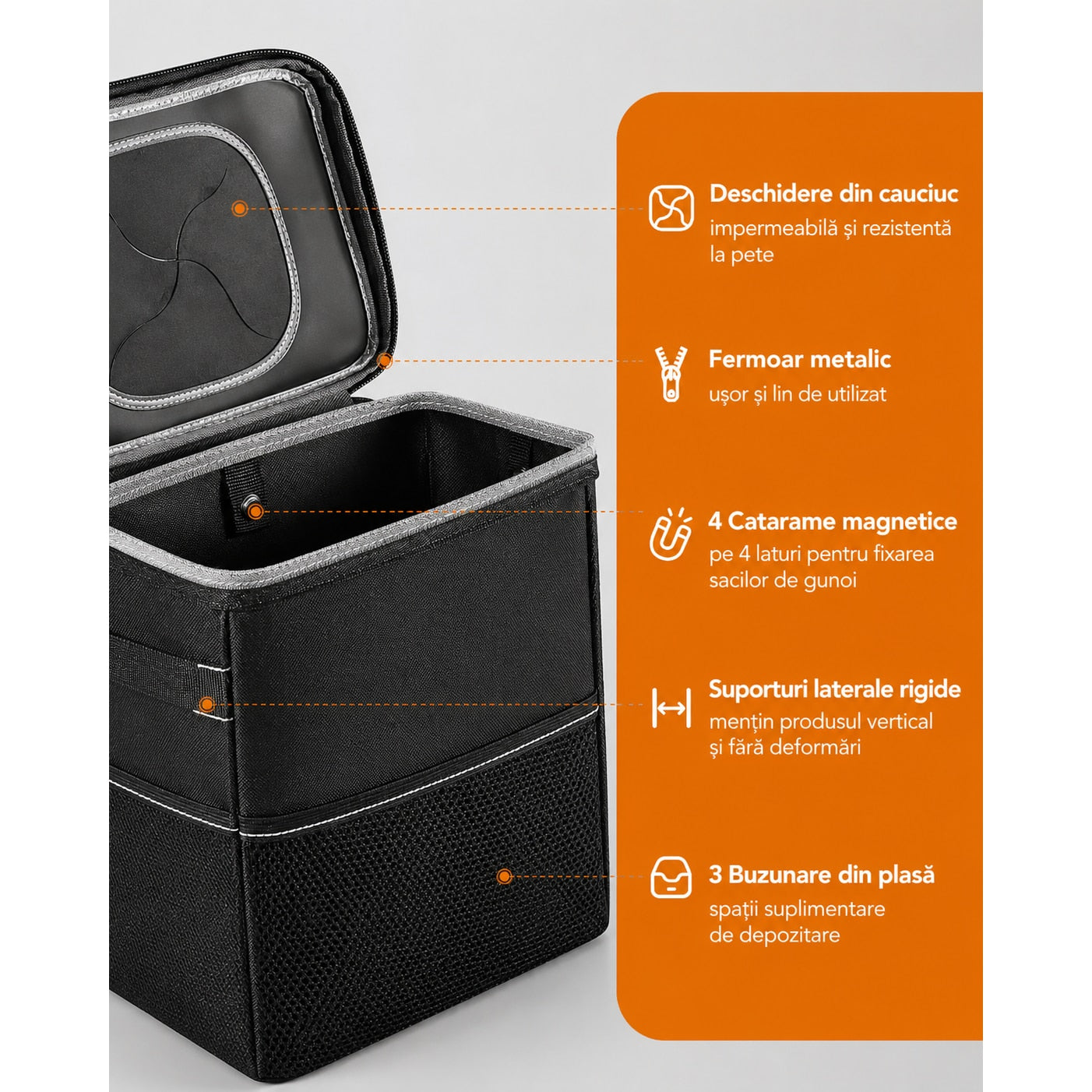 Cos de gunoi auto NextWave®, pliabil si impermeabil, capacitate 7, 6 L, curea reglabila pentru tetiera sau consola, 4 capse – imaginea 3