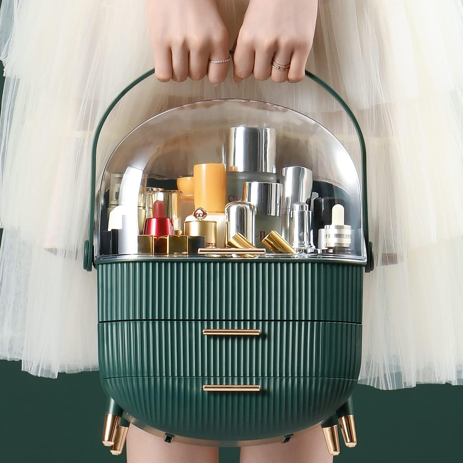 Organizator pentru cosmetice si bijuterii NextWave®, spatiu depozitare cu 2 sertare si vitrina, multifunctionala, verde – imaginea 3