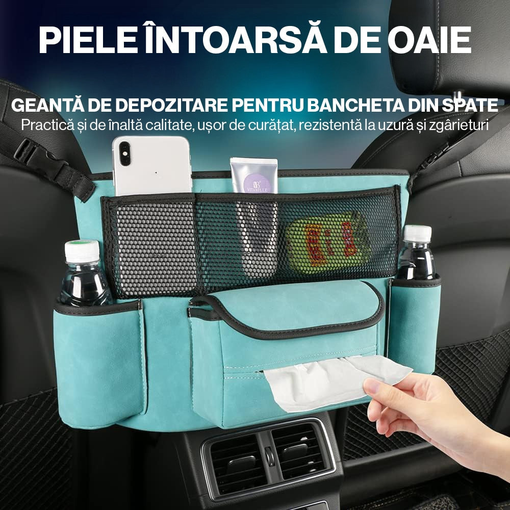 Organizator intre scaune auto NextWave®️, suport pretios cu 5 compartimente, material suede & piele ecologica, capacitate – imaginea 3