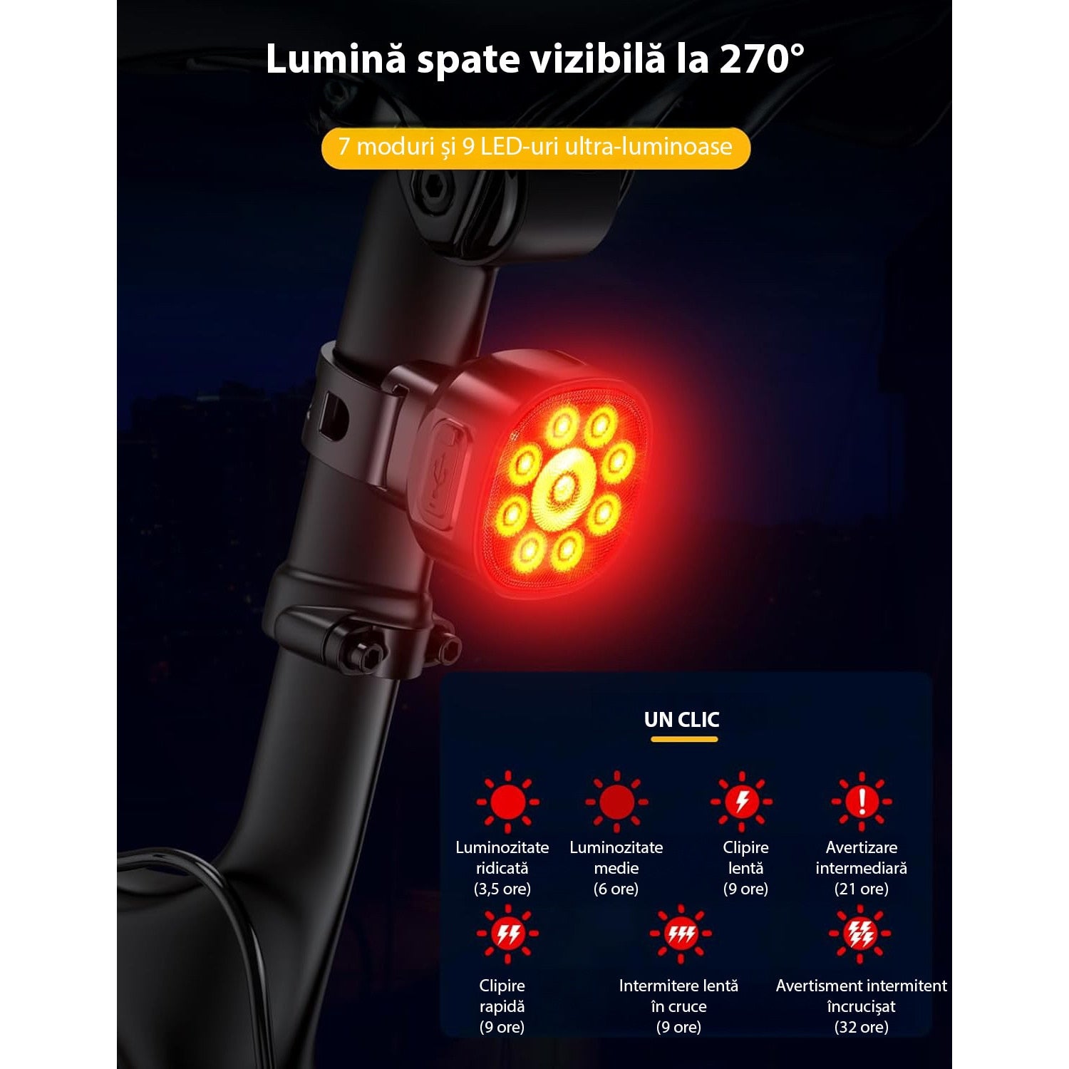 Set Lumini Bicicleta, Trotineta Fata Spate BeGenius®, Far si Stop Reincarcabil USB, Far 8 Moduri si Stop cu 7 Moduri de – imaginea 3