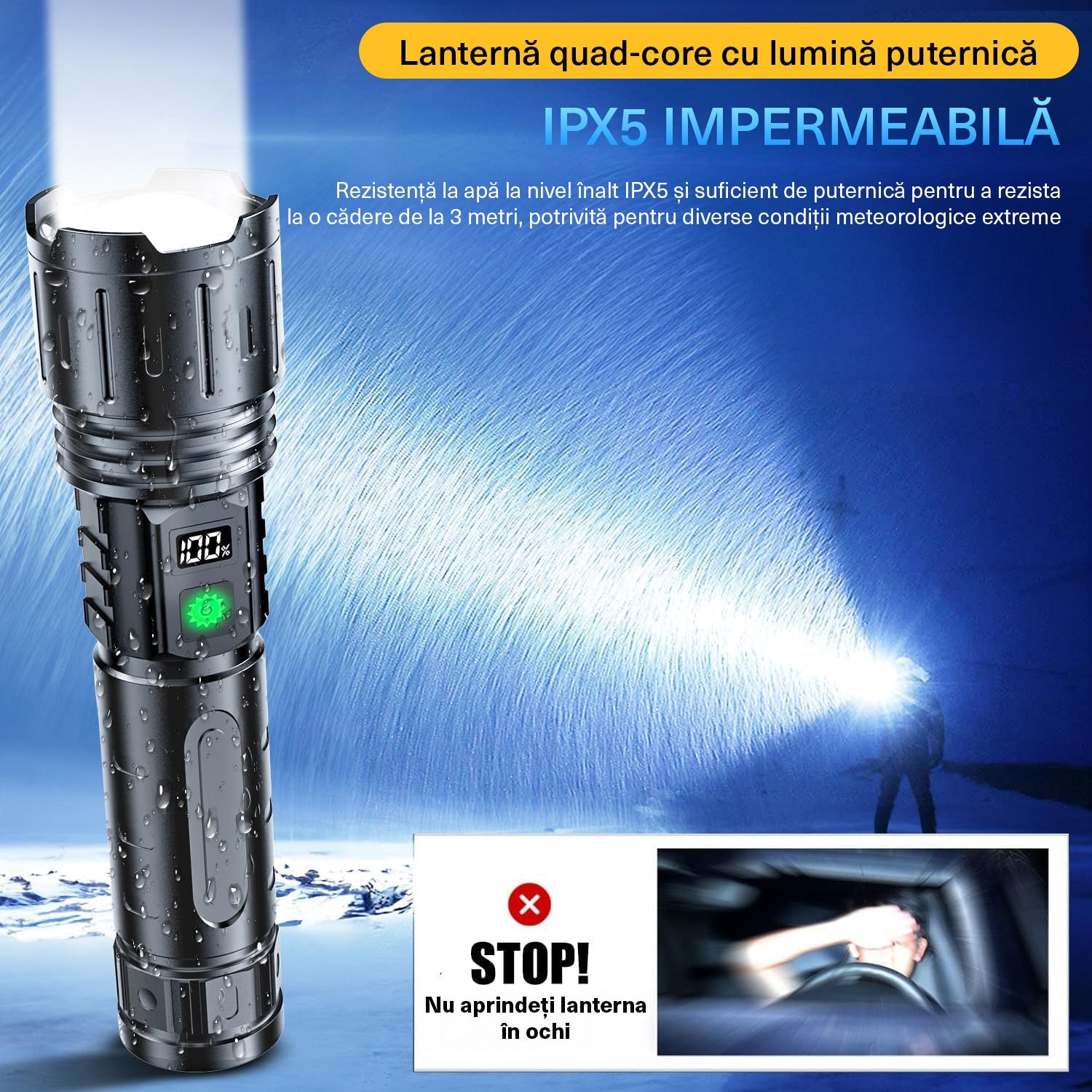 Lanterna BeGenius®, Focalizare Reglabila, 5 Moduri de Putere, LED P70, Baterie 5000 mAh, 2000lm, Iluminare Intensa pe Termen – imaginea 3