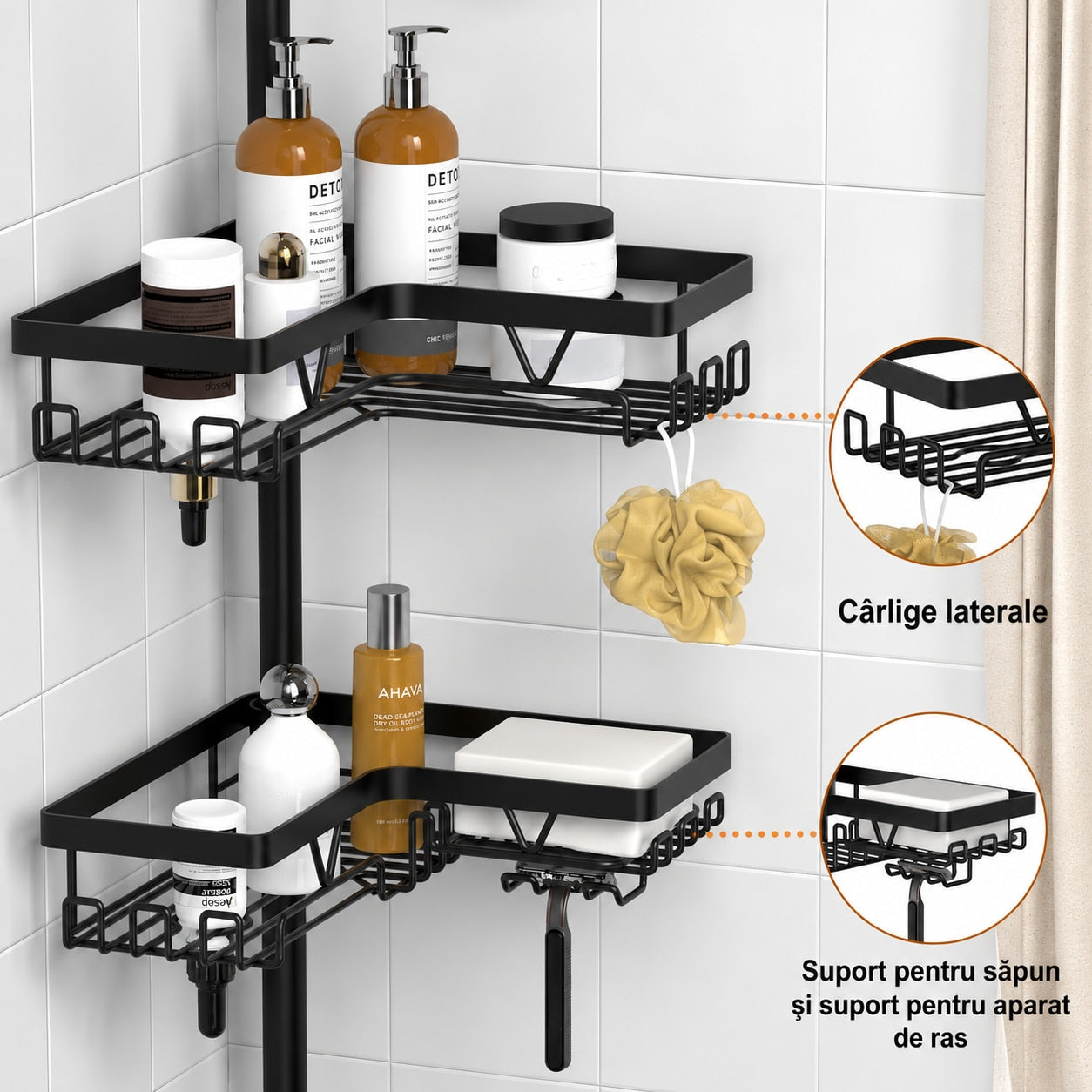Raft de baie NextWave®, raft de colt telescopic reglabil 64–290 cm, cu 4 rafturi ajustabile, carlige pentru accesorii – imaginea 3