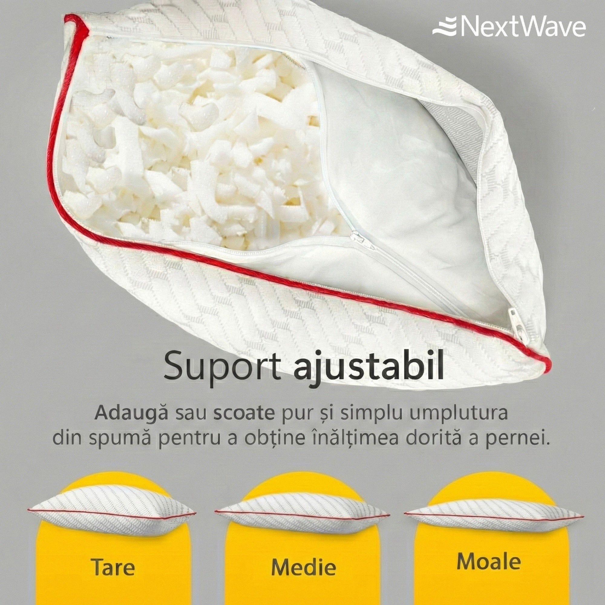 Perna ortopedica pentru dormit ajustabila NextWave®️, Spuma cu Memorie Maruntita pentru Gat si Suport Cervical, 2 Zone de – imaginea 3