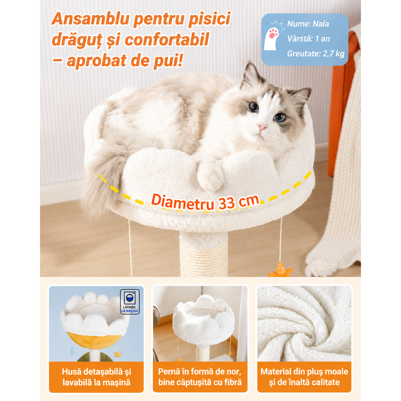 Ansamblu de joaca pentru pisici NextWave®, cu pat moale in forma de nor si husa detasabila lavabila, stalp de zgariat din – imaginea 3
