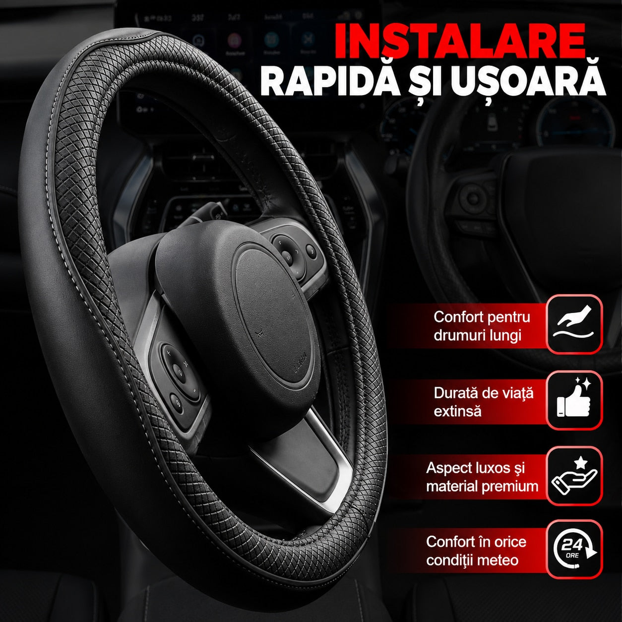 Husa volan auto NextWave®, din piele ecologica din microfibra, captuseala interioara antiderapanta, cusaturi ranforsate – imaginea 3