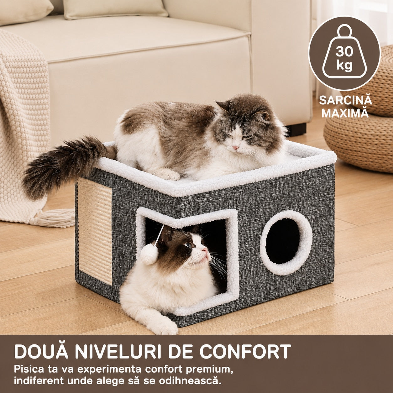 Casa Pisici NextWave®, Casuta Pliabila Tip Pestera, Pat Interior cu Platforma Superioara, Ansamblu de Zgariat Sisal, Minge – imaginea 3