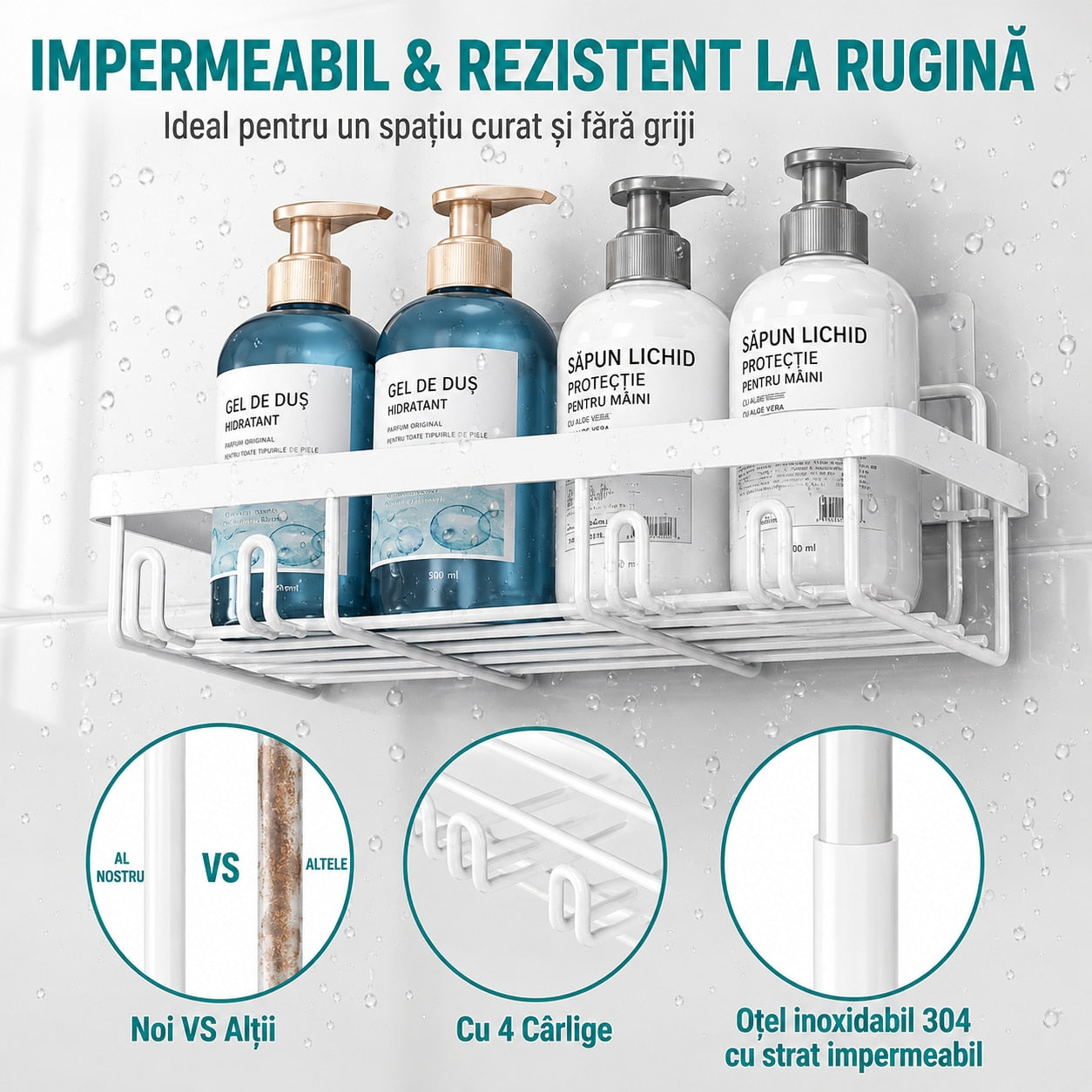 Raft de baie NextWave®, set 5 piese cu 3 etajere pentru dus, 1 suport pentru sapun si 1 suport pentru periute de dinti, din – imaginea 3