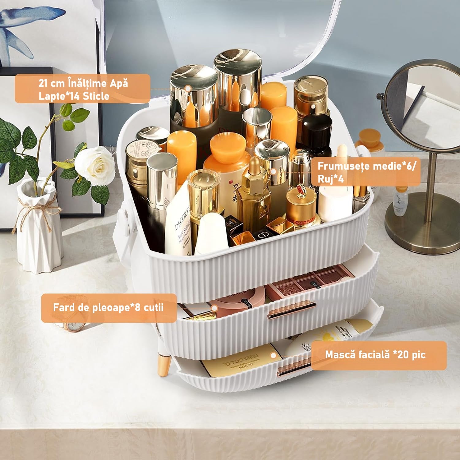 Organizator pentru cosmetice si bijuterii NextWave®, spatiu depozitare cu 2 sertare, vitrina, cutie pensule si rujuri – imaginea 3