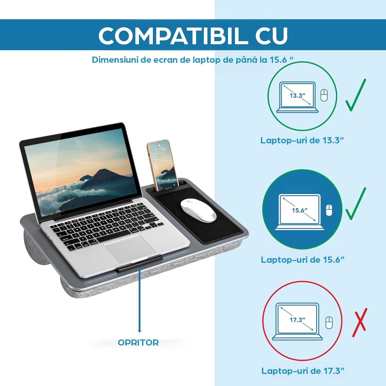 Masa laptop pentru poala NextWave®️ cu mouse pad, suport telefon, perna dubla, pentru pat, birou, canapea, masina, greutate – imaginea 3