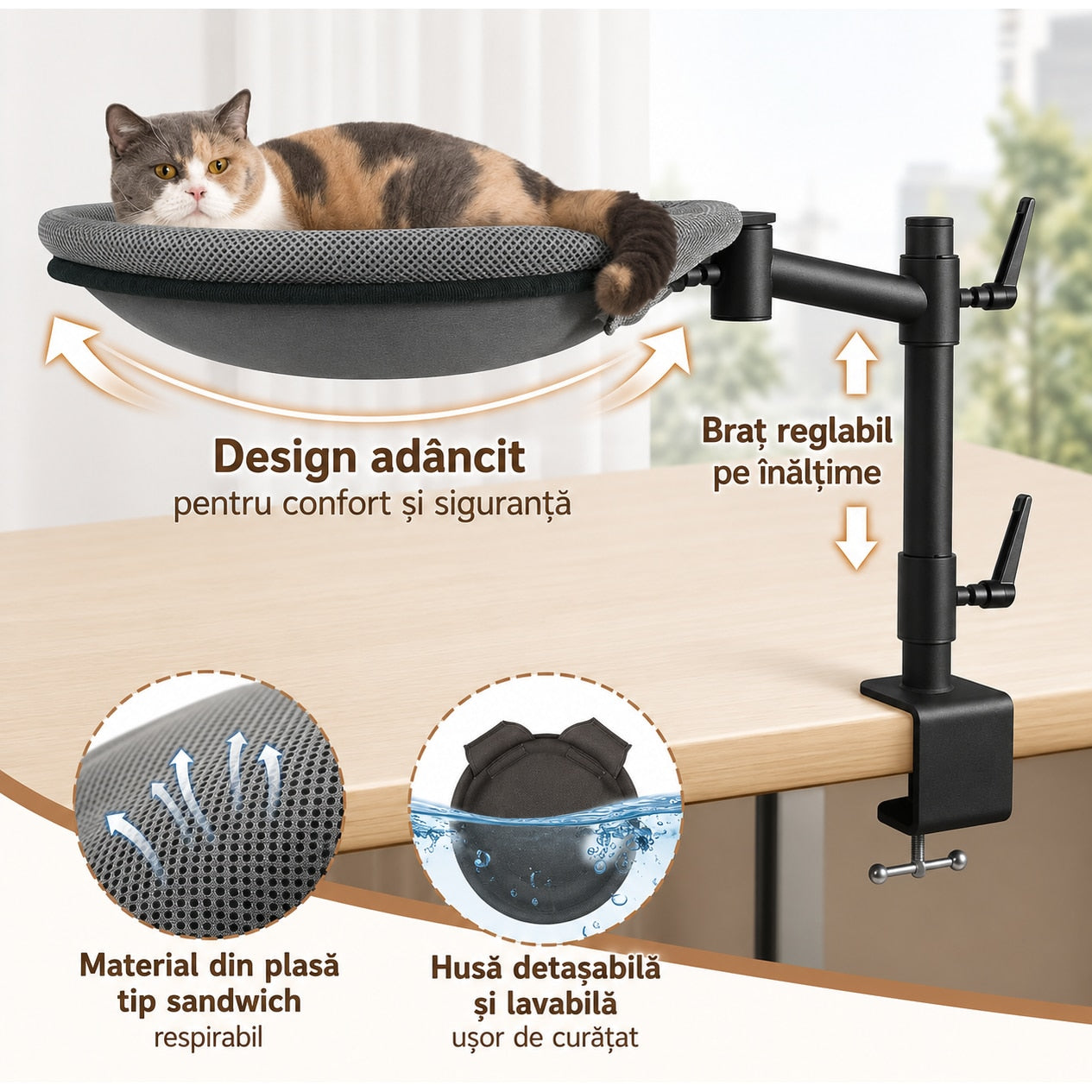 Pat suspendat pentru pisici NextWave®, hamac de birou cu prindere metalica fara gaurire, rotatie dubla la 360°, inaltime – imaginea 3