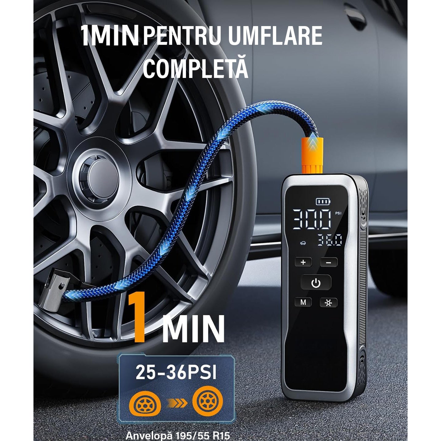 Compresor auto portabil NextWave, 150 PSI, 34 L/min, alimentare duala, Negru Metalic, 4,4x19,5x6,2 cm – imaginea 3