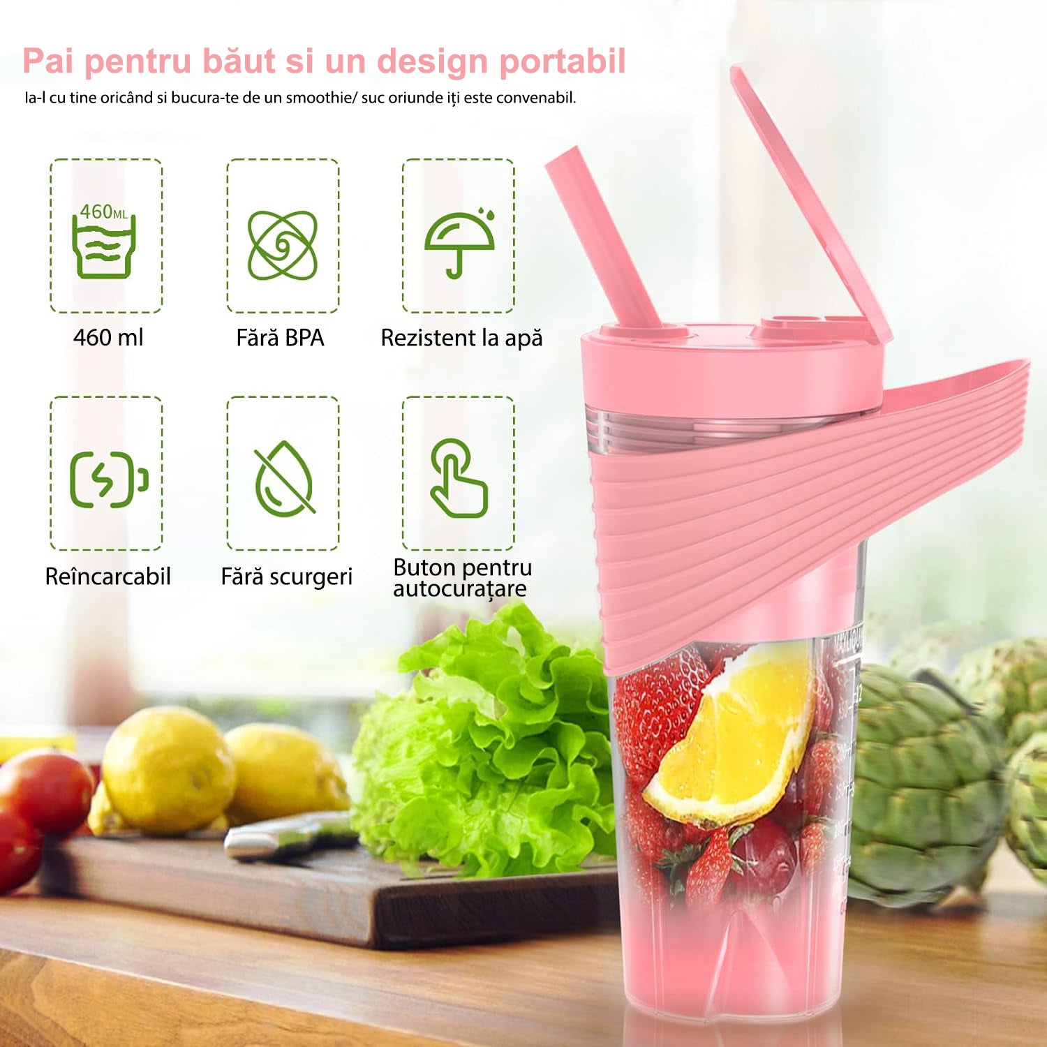 Mini Blender Electric NextWave™, Portabil, Multifunctional, Auto-curatare, Autonomie Mare 40 utilizari, Baterie – imaginea 3