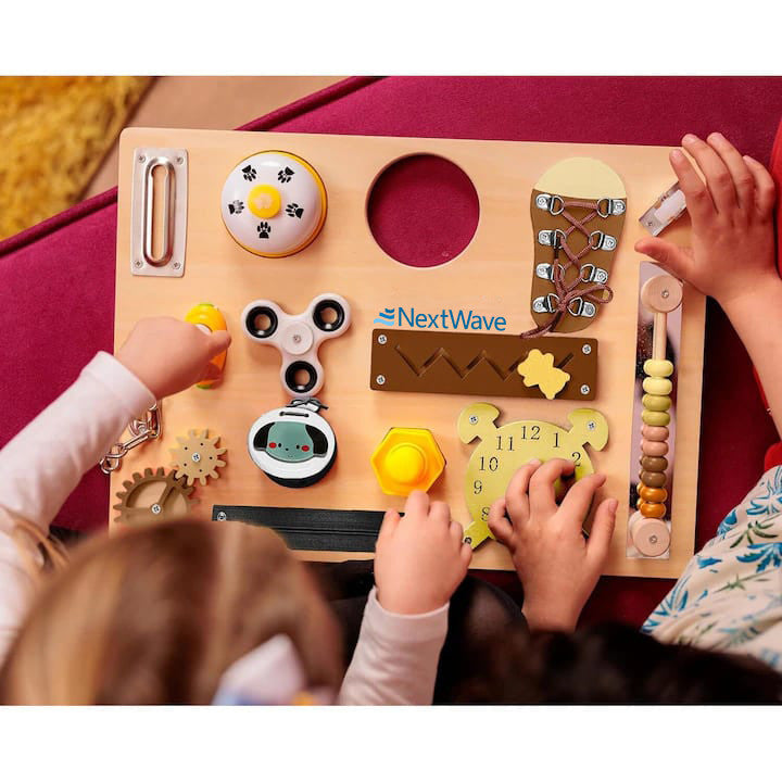 Placa senzoriala NextWave®, tabla de activitati Montessori din lemn cu 14 activitati educationale pentru invatarea – imaginea 3
