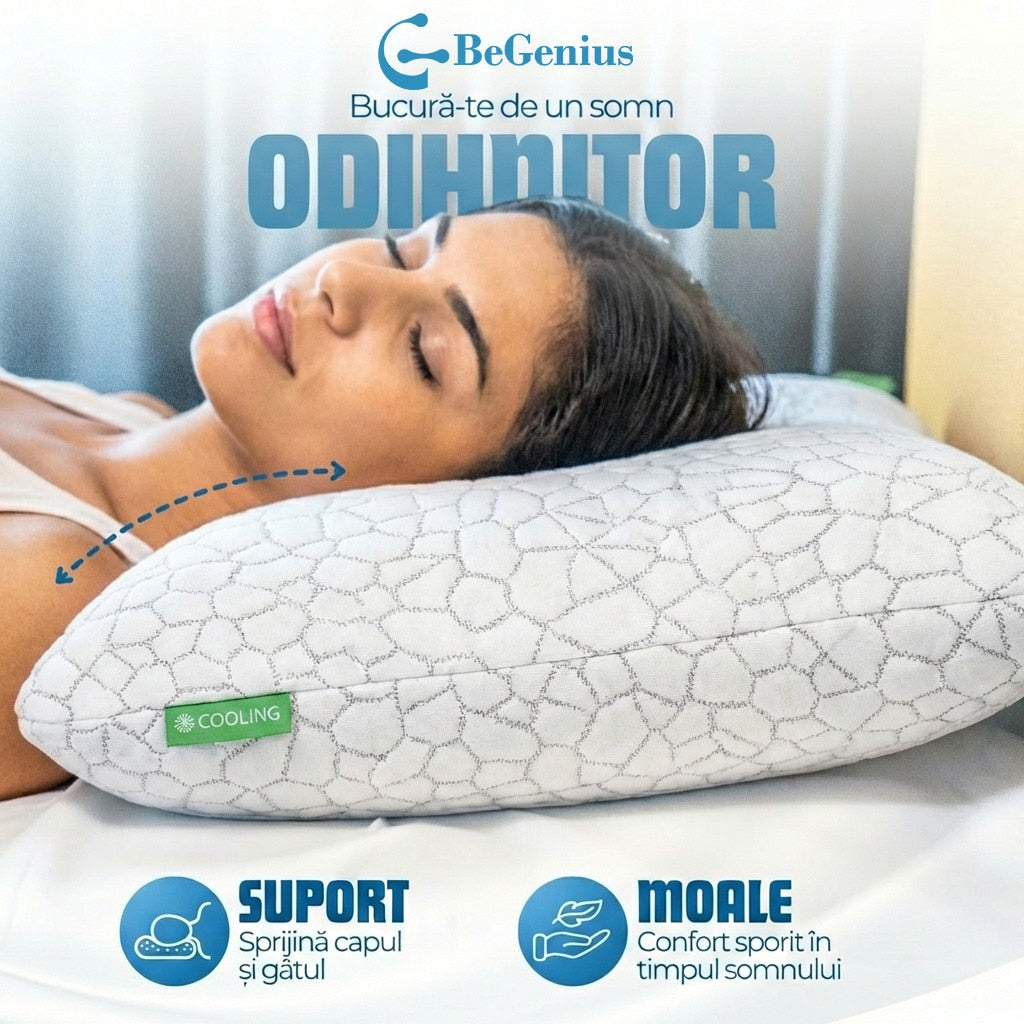 Perna ortopedica pentru dormit din spuma cu memorie cu gel BeGenius, Husa detasabila, ergonomica ventilata pentru Gat si – imaginea 3
