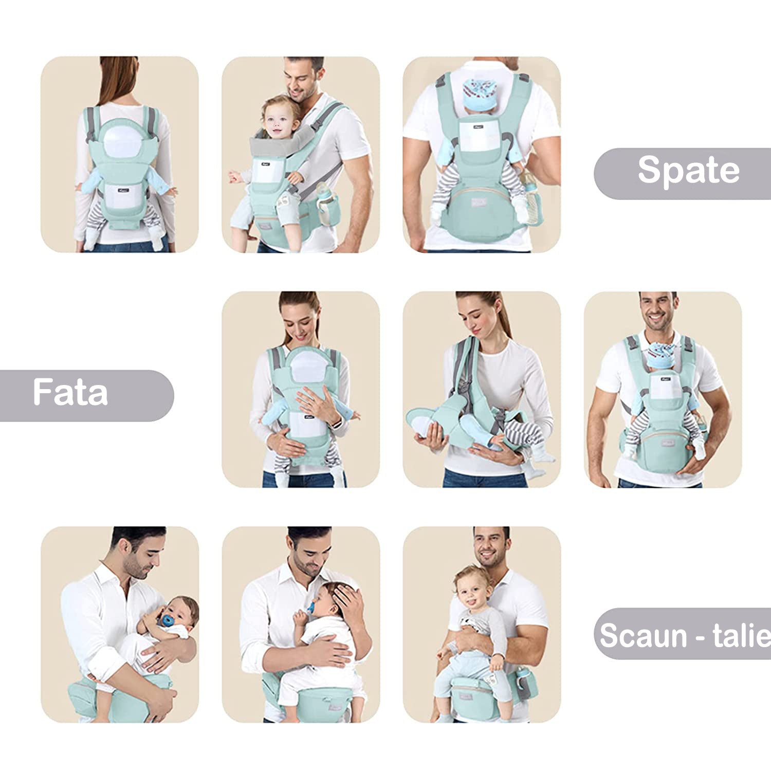 Marsupiu Ergonomic pentru bebe, Multifunctional 2 in 1 ajustabil si detasabil, support sezut si lombar, 0-36l luni, all – imaginea 3