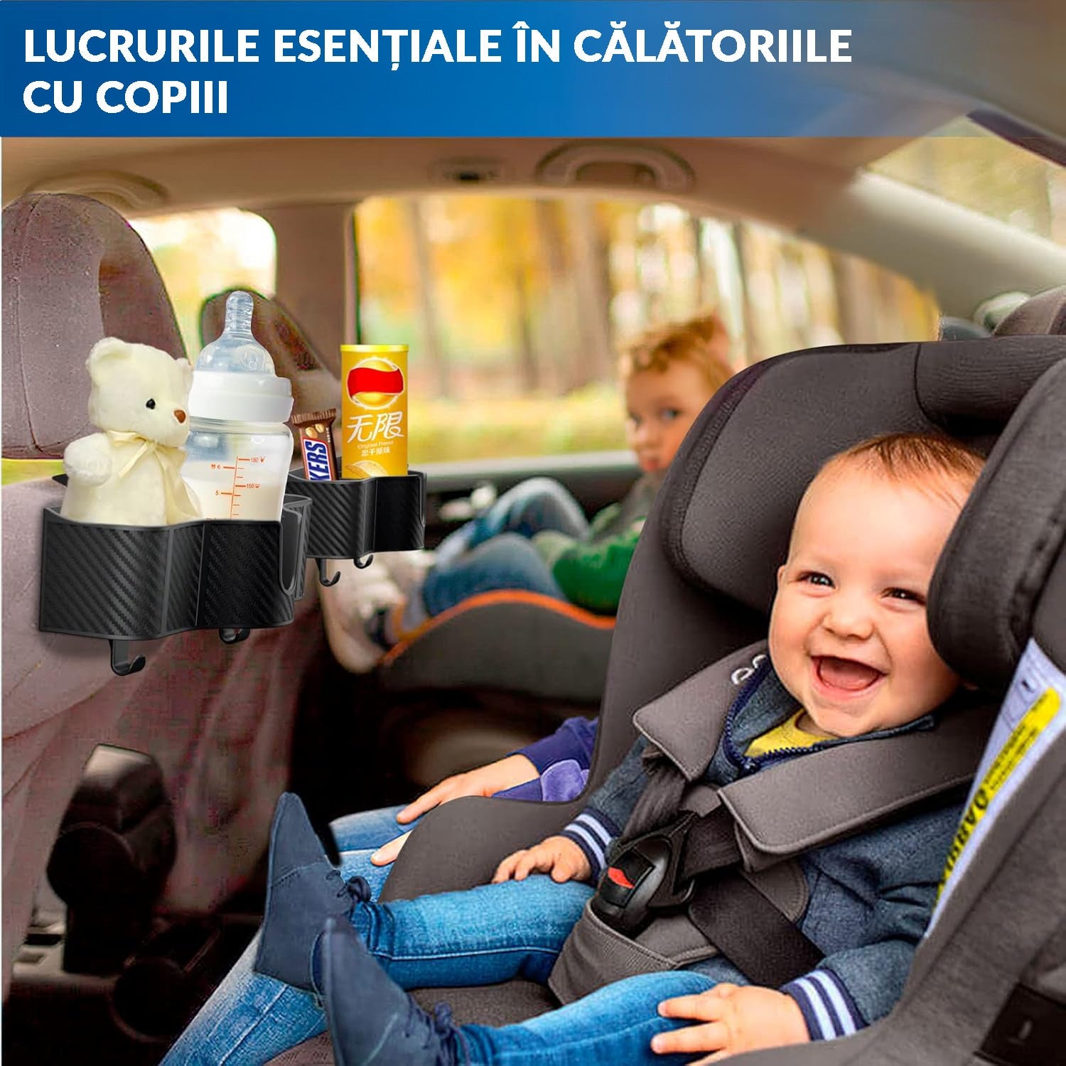 Set 2 Organizatoare Auto Spate NextWave®, 3-in-1 cu Suport Pahar, Depozitare Accesorii, Carlige Reglabile, Plastic Durabil – imaginea 3