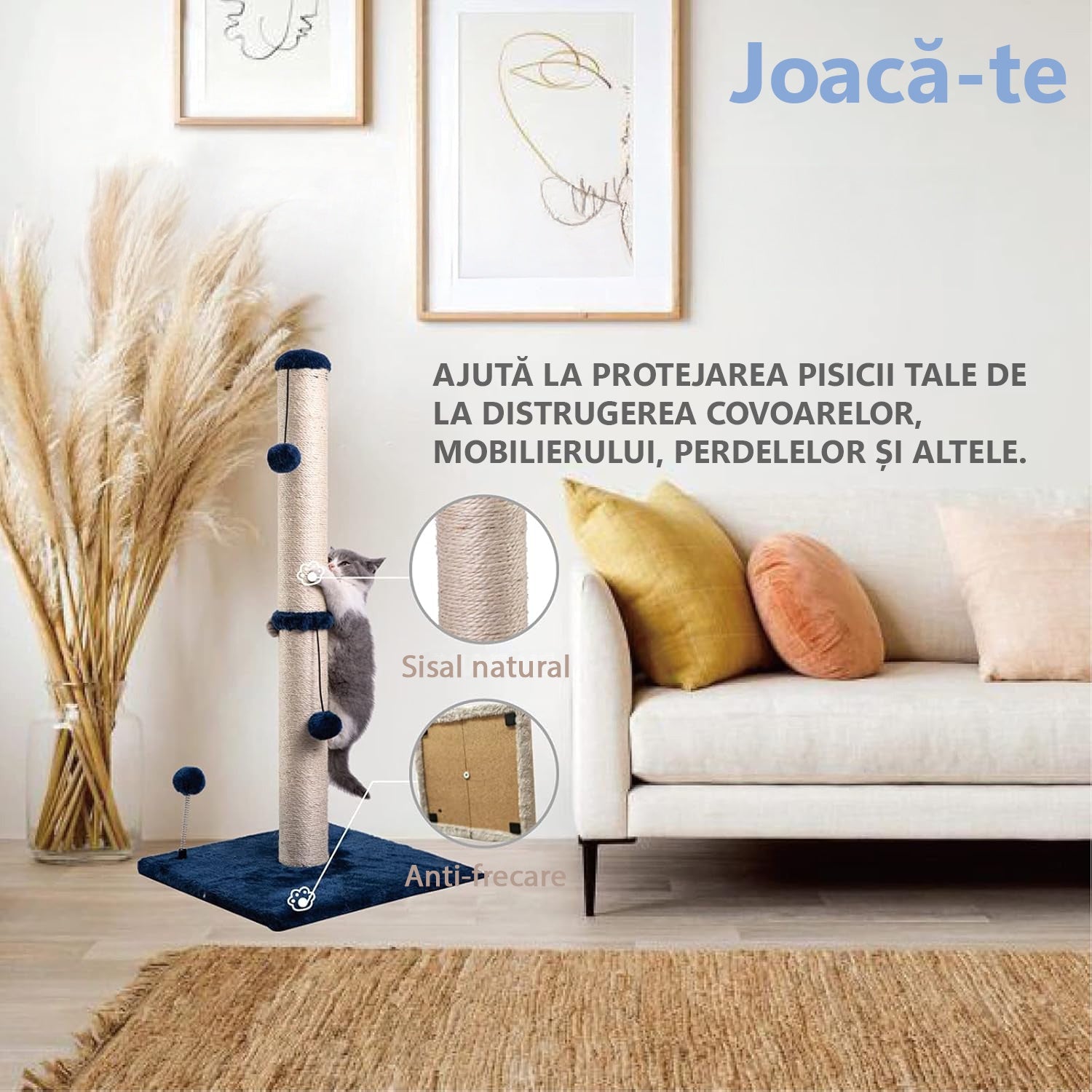 Ansamblu de joaca pentru pisici adulte sau pui, stalp pentru ascutit ghearelor, 2 bile suspendate, confectionat din sisan – imaginea 3