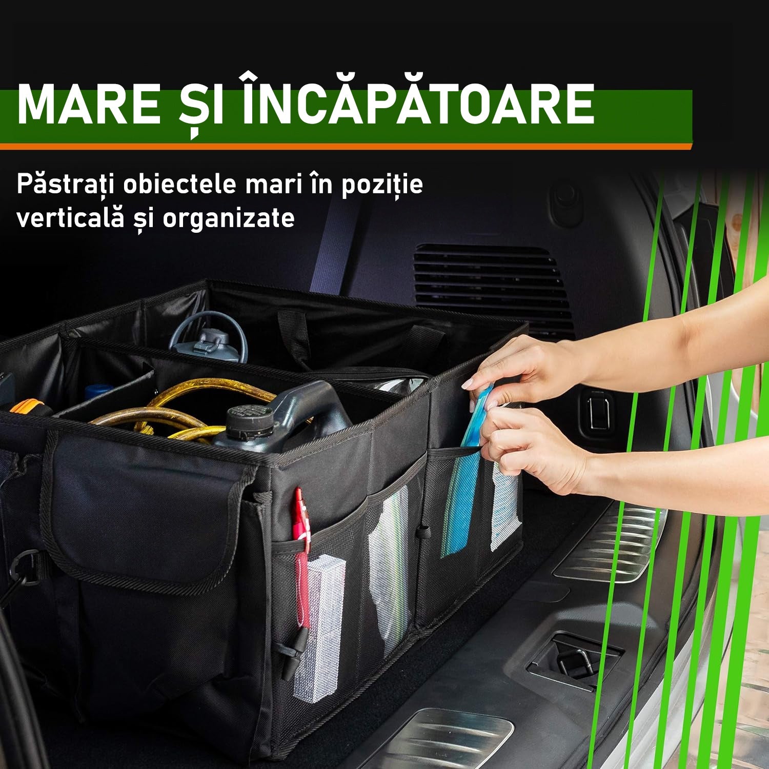 Organizator portbagaj auto NextWave®️ cu chingi de ancorare, Multifunctional, Pliabil, 9 compartimente, Capacitate 60L – imaginea 3