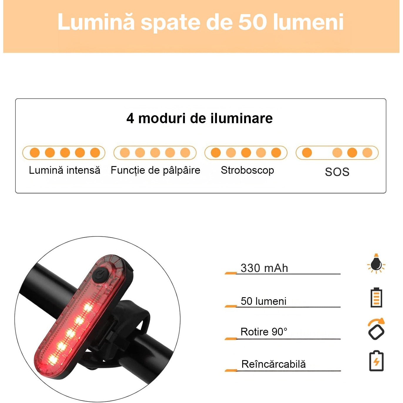 Set Lumini Bicicleta, Trotineta Fata Spate BeGenius®, Far si Stop Reincarcabil USB, Far 1000 lumeni cu 6 Moduri si Stop cu 4 – imaginea 3