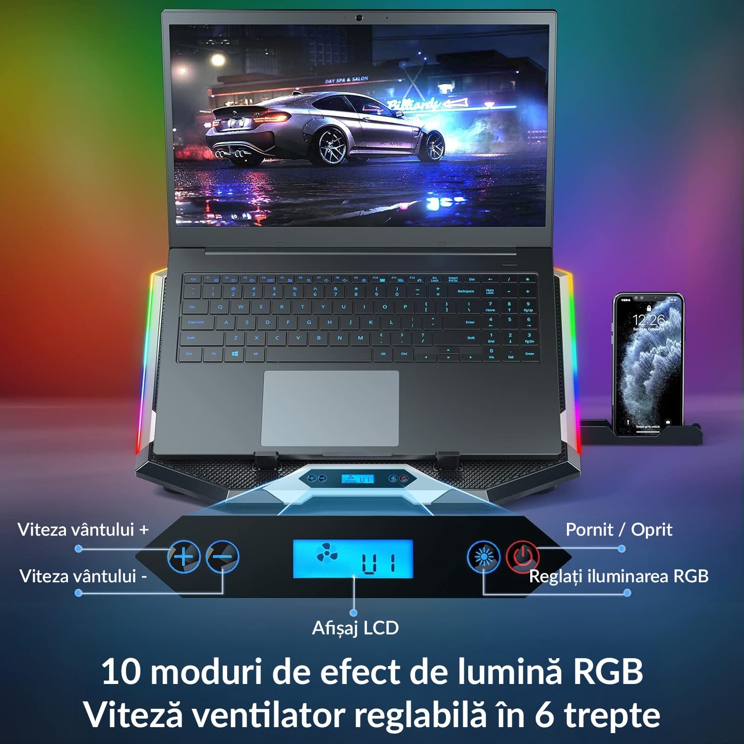 Stand De Racire pentru Laptop BeGenius® cu Suport pentru Telefon, 8 Ventilatoare ultra Silentioase, Cooler Laptop Gaming – imaginea 3