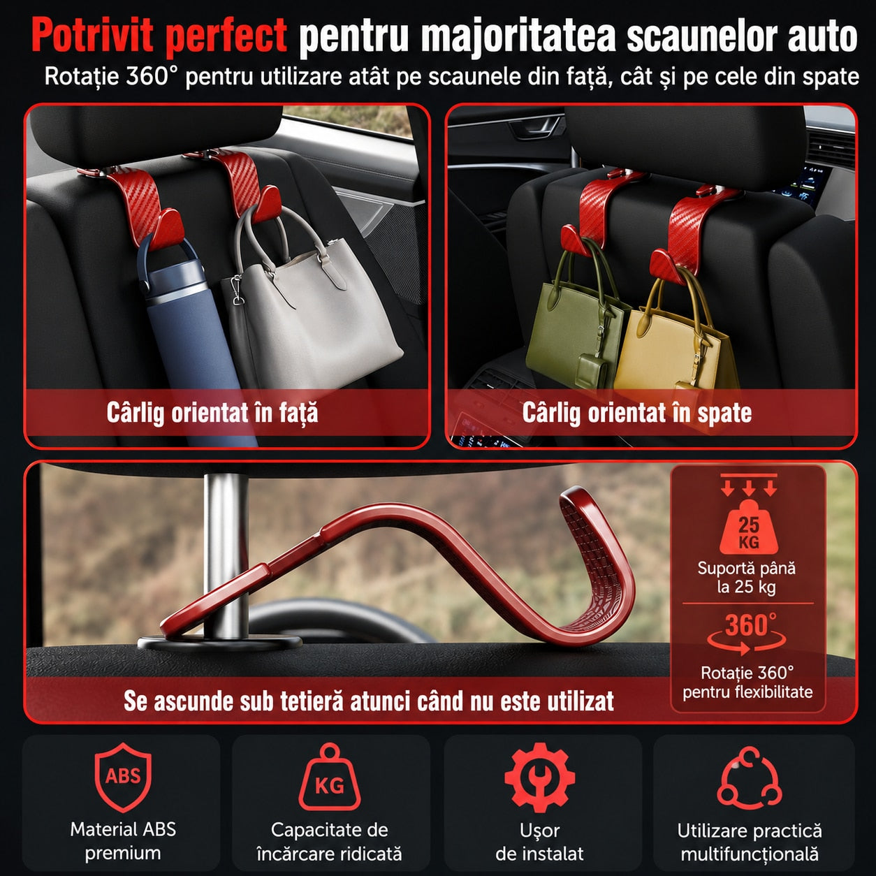 Set 4 Carlige Auto pentru Tetiera NextWave®, Organizator Universal Scaun Masina, Suport pentru Genti, Plase, Posete, Haine – imaginea 3